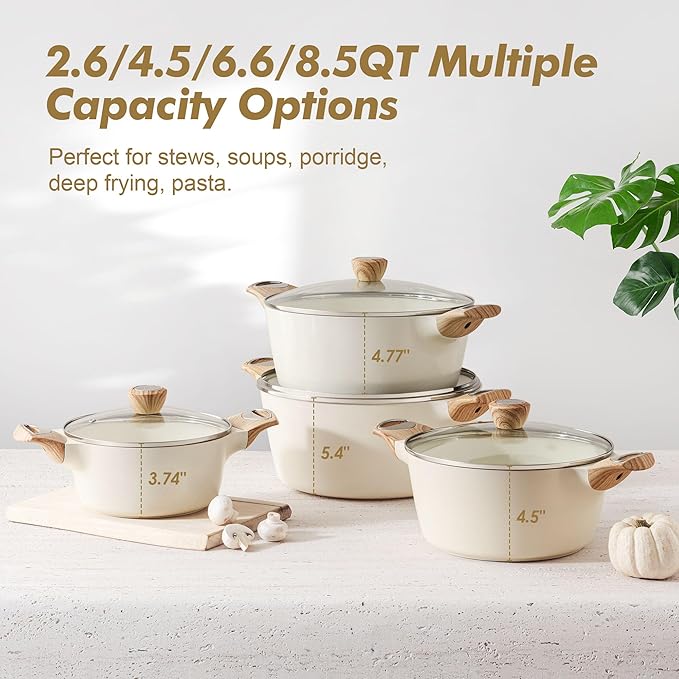 SENSARTE Ceramic Nonstick Stock Pot with Lid, 2.6/4.5/6.6/8.5 QT Soup Pot Casserole, Non-toxic Healthy, Induction Compatible, PFOA PFAS PTFE Free, White