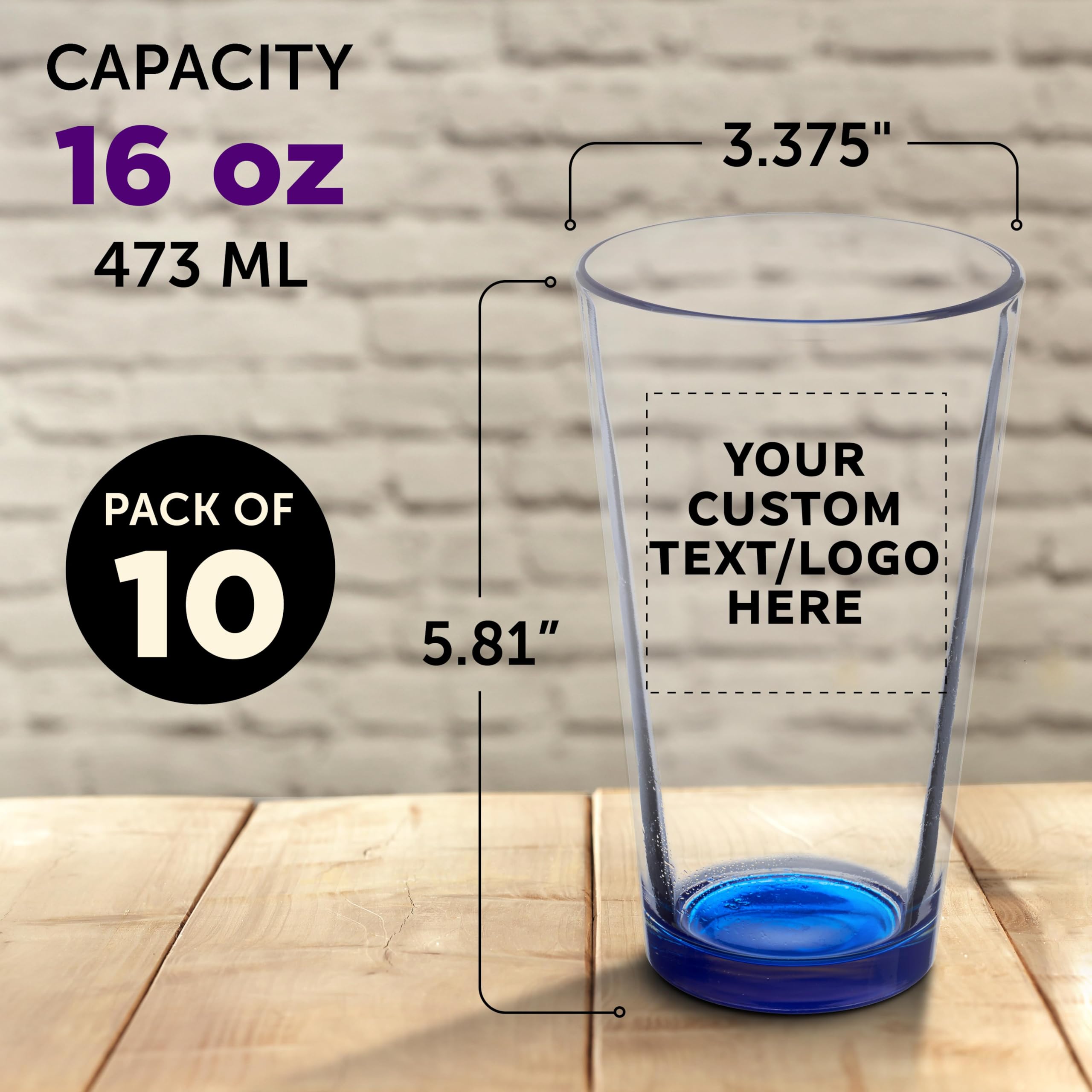Custom Pint Glass 16 oz. Set of 10, Personalized Bulk Pack - Beer Glasses, Heavy Duty Drinkware - Blue