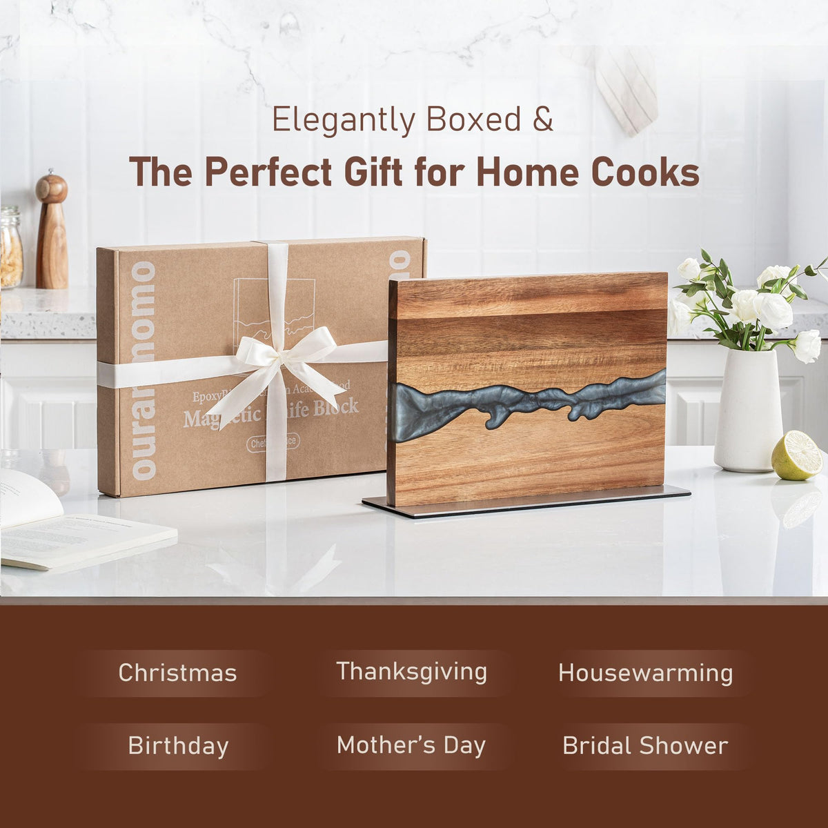 Magnetic Knife Block for Countertop, Strong Magnetic Knife Holder Stand, Acacia Wood & Epoxy Resin Organizer for Kitchen Knives, Gift for Cooks