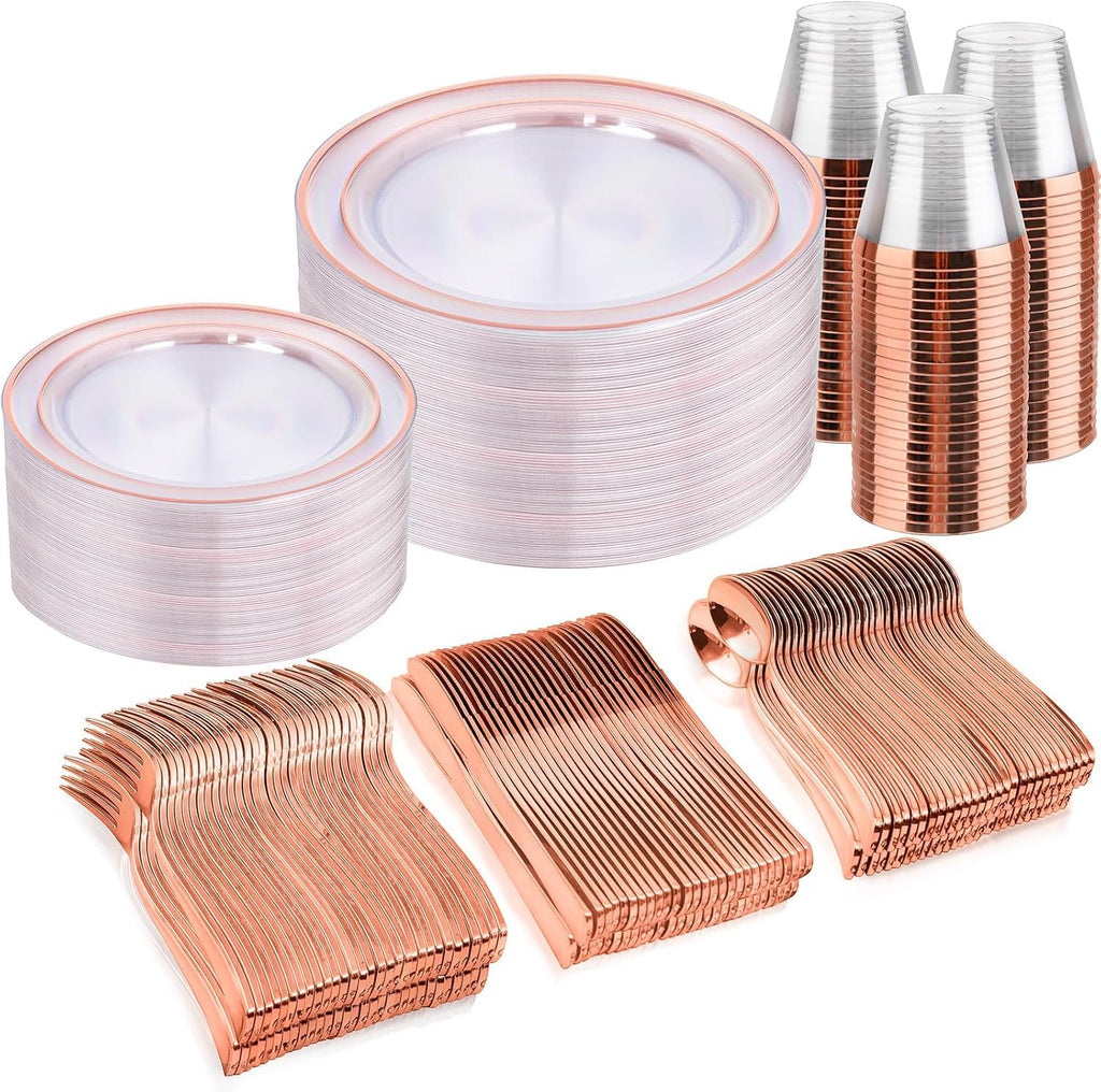 bUCLA 600PCS Clear Rose Gold Plastic Dinnerware Set Disposable - Include 100 Dinner Plates, 100 Dessert Plates, 100 Knives, 100 Forks, 100 Spoons, 100 Cups for Party & Wedding