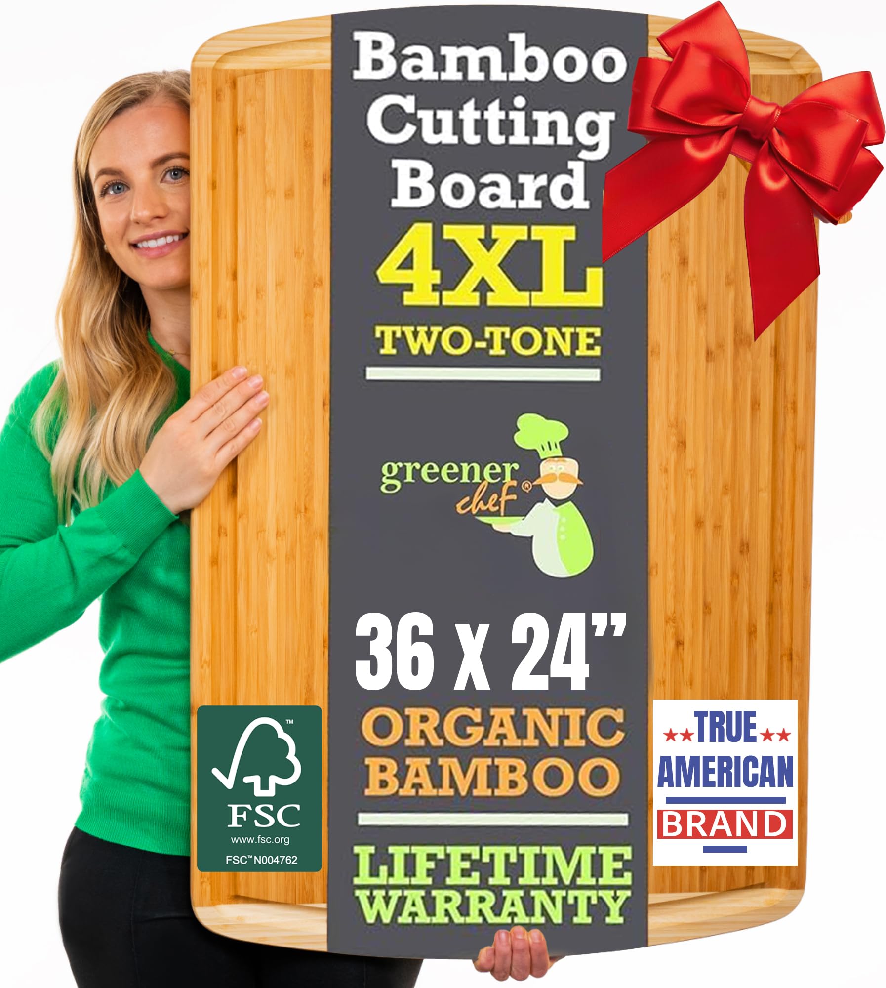 GIGANTIC 36 x 24 Inch Extra Large Bamboo Cutting Board with Lifetime Replacements – 4XL Butcher Block, Oversized Carving & Charcuterie Board, Stovetop Cover for Kitchen Counter Space