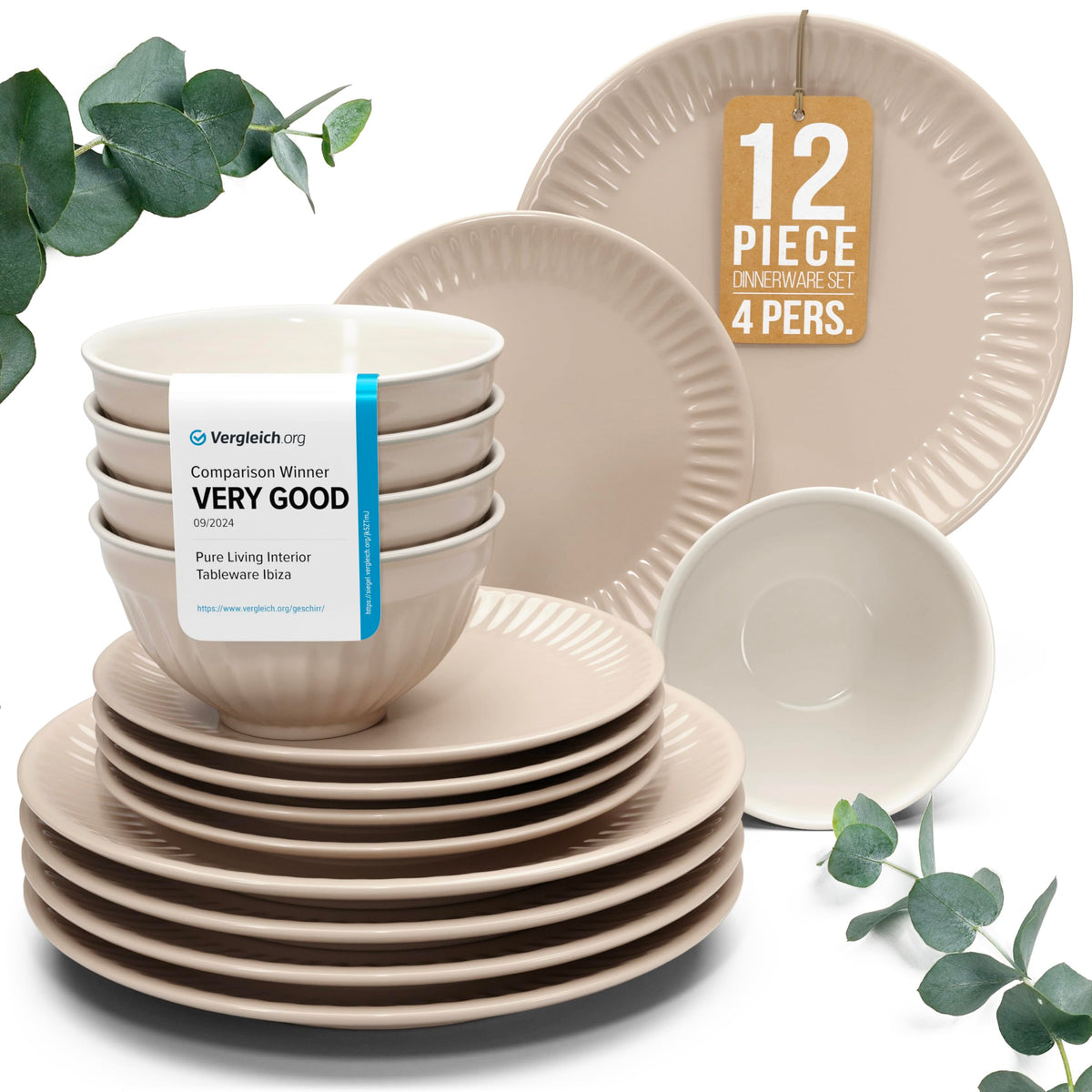 12 Piece Stoneware Dinnerware Set for 4, Handmade Plates and Bowls Set