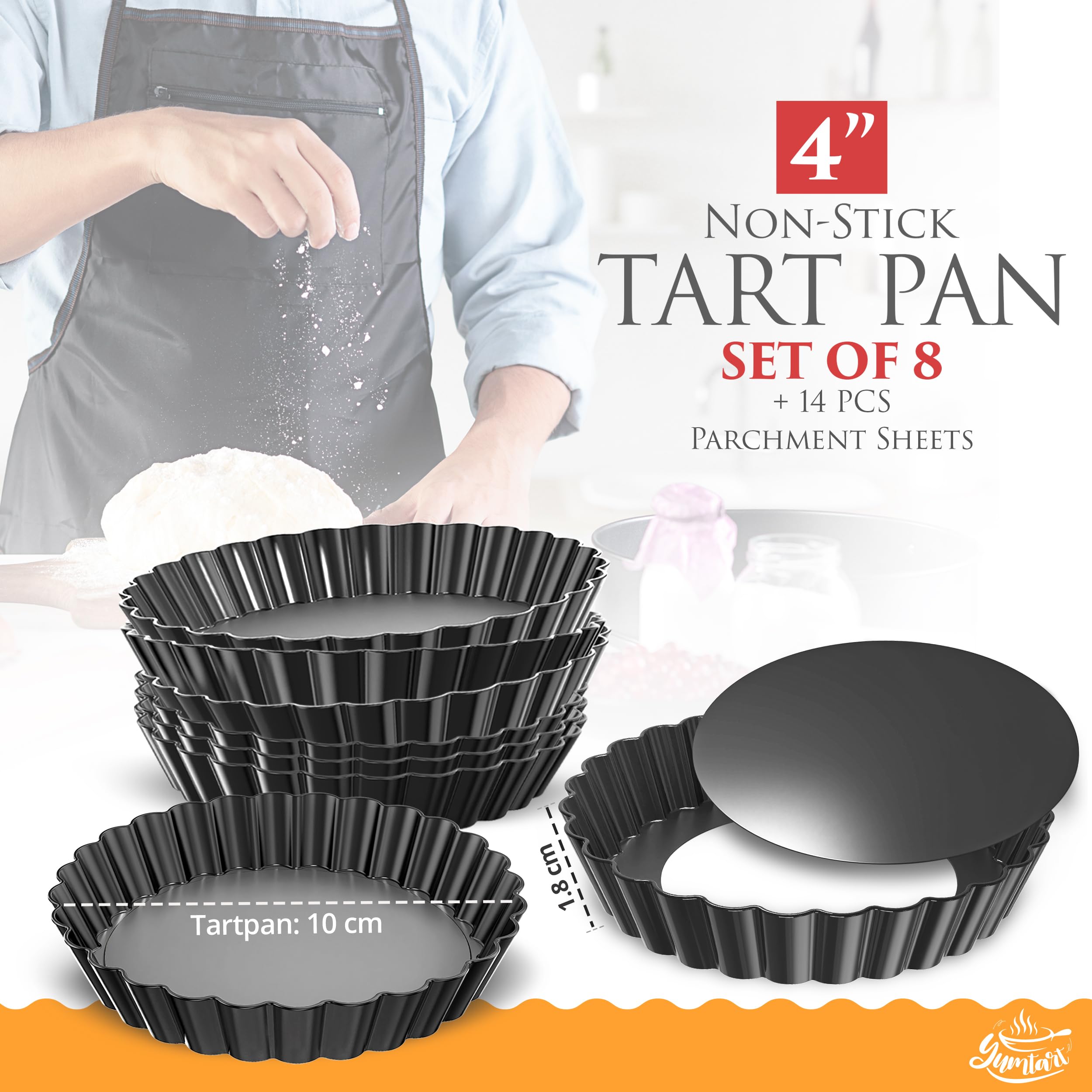 YUMTART 4 Inch Round Tart Pan 8 Pieces, False Bottom Pie Pan, Deep Fluted Tart and Quiche Pan with Removable Bottom - Non-Stick Tart Pan