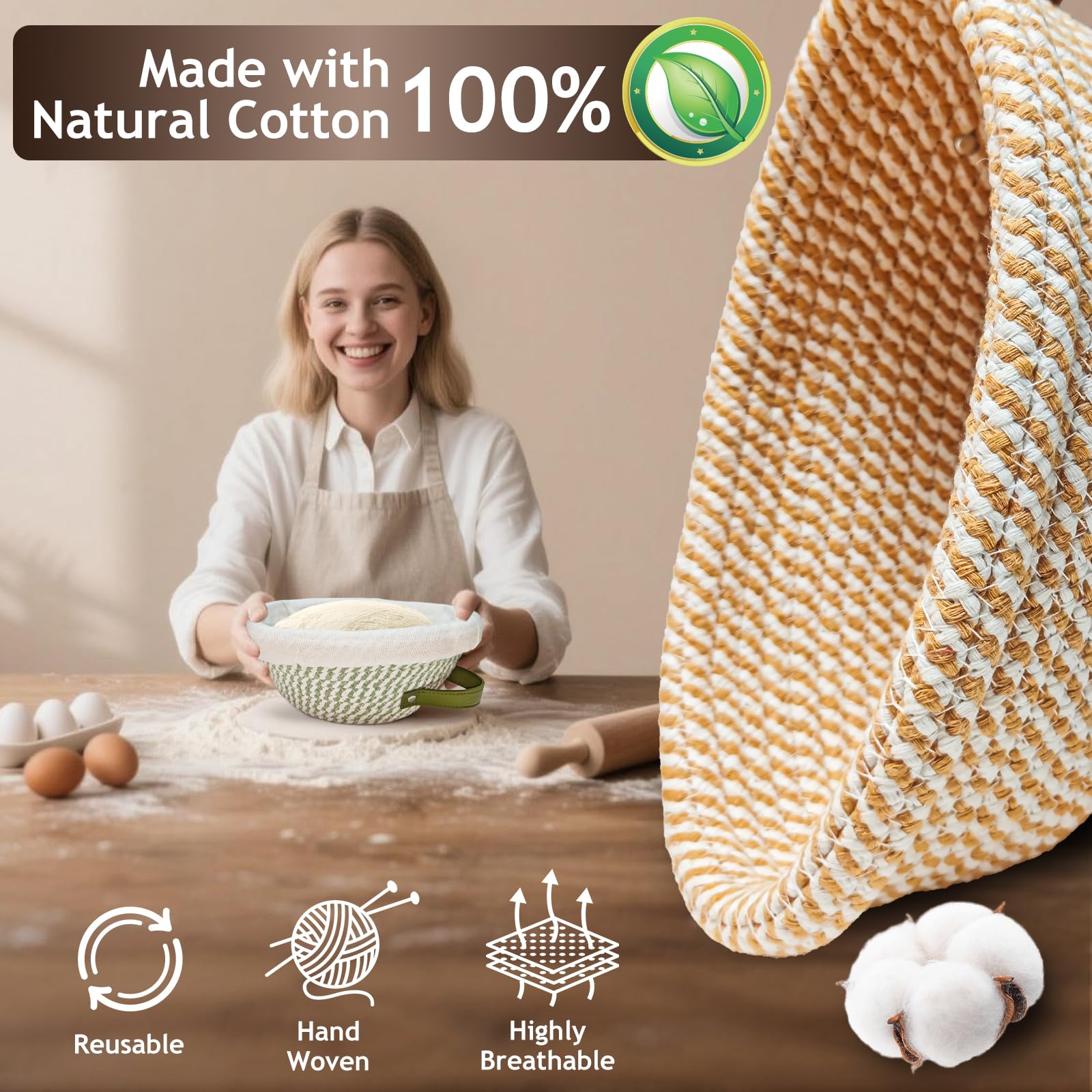 Waysse Banneton Bread Proofing Basket Set,Cotton Rope Sourdough Banneton Basket Oval Round, 10 inch Sourdough Bread Baking Supplies with 4 Liners, Handmade Proofing Bowls for Artisan Bakers Starter