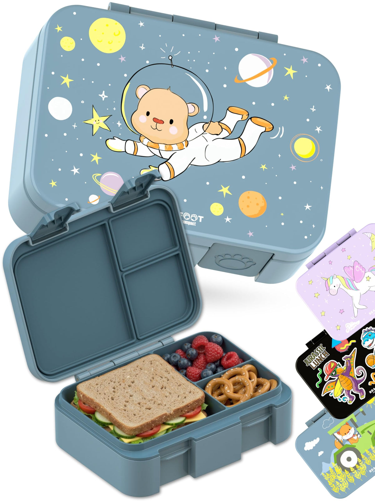 BEARFOOT Kids Lunch Box with Compartments – Compact & Lightweight | Leak-Proof, BPA-Free, Dishwasher Safe | Hand-Drawn Design for Preschool, School, Travel (Sticker Purple, 2.75 Cups)