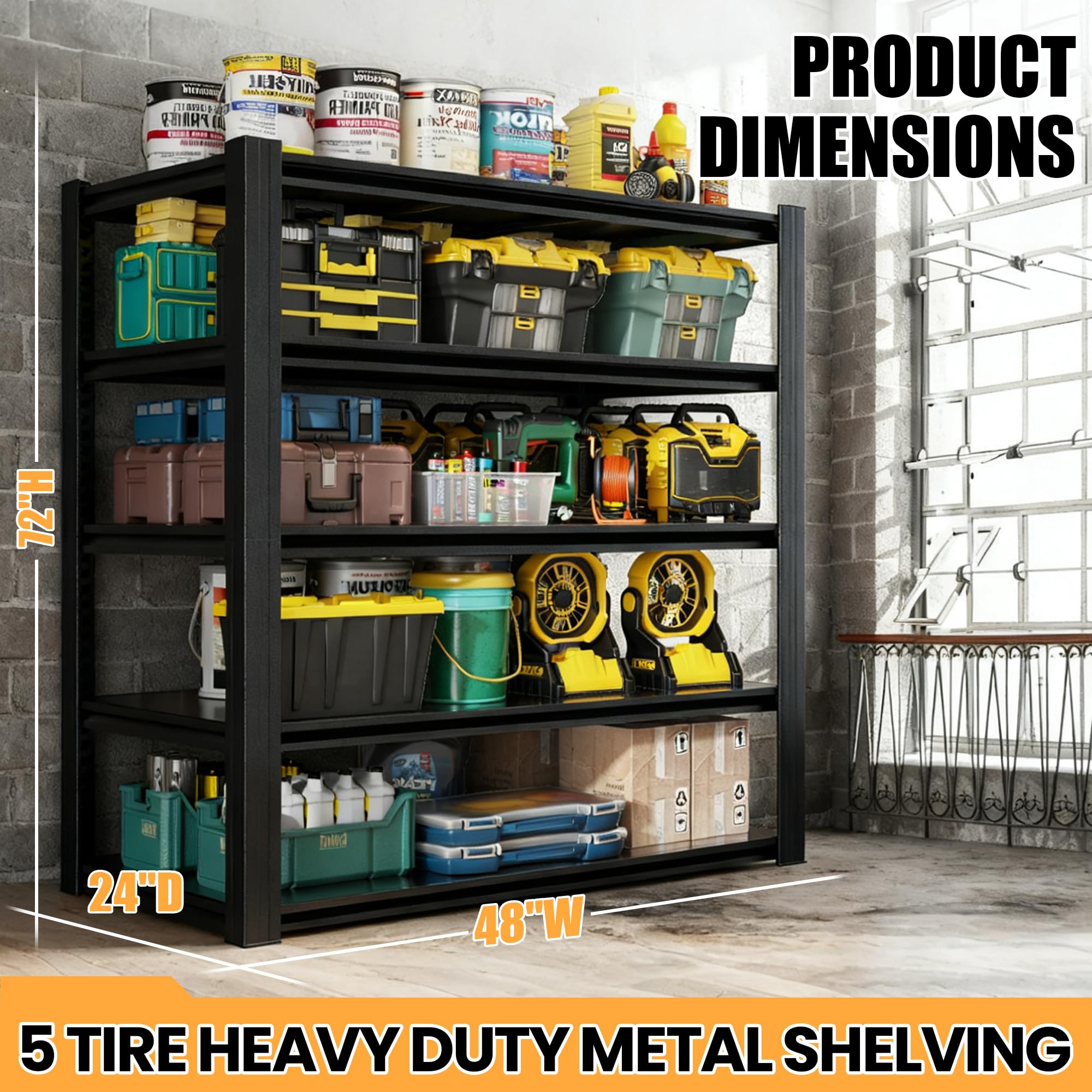 mysteeldepot 72" H Garage Shelving, Heavy Duty Storage Shelves, Garage Storage Shelves, Adjustable 5 Tier Metal Shelving Unit, Utility Shelves for Garage Warehouse Backyard, 72" H×48" W×24" D