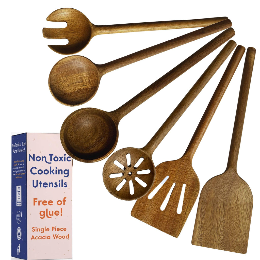 Non-Toxic Acacia Wooden Utensils Set, 6-Piece, Glue and Mineral Oil Free