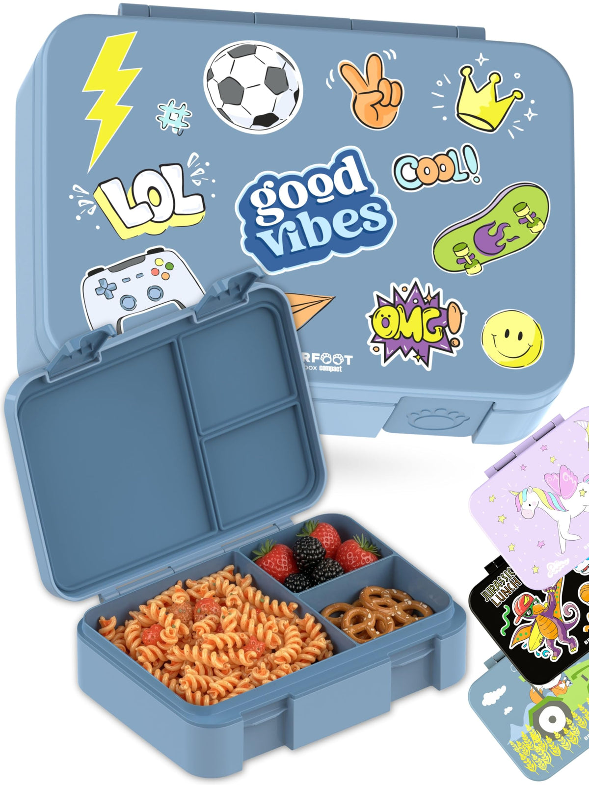 BEARFOOT Kids Lunch Box with Compartments – Compact & Lightweight | Leak-Proof, BPA-Free, Dishwasher Safe | Hand-Drawn Design for Preschool, School, Travel (Sticker Purple, 2.75 Cups)
