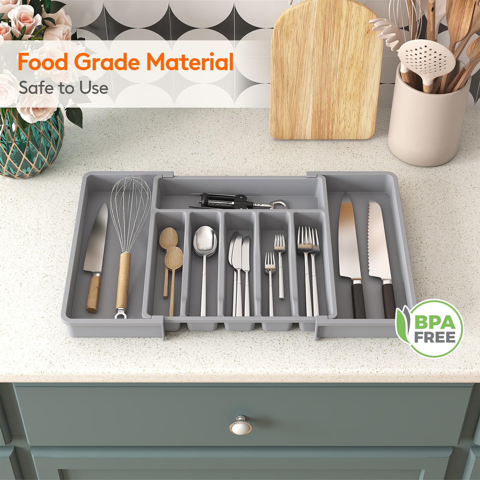 Lifewit Extra Large Silverware Drawer Organizer, Expandable Utensil Tray for Kitchen, BPA Free Flatware and Cutlery Holder, Adjustable Plastic Storage for Spoons Forks Knives, 13-22 x 15, Gray