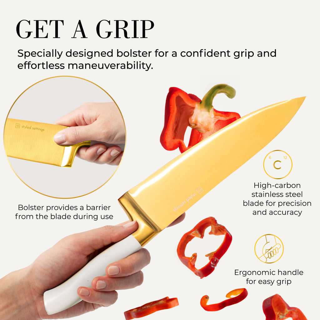Styled Settings White and Gold Knife Set with Block and Sharpener 14-Piece