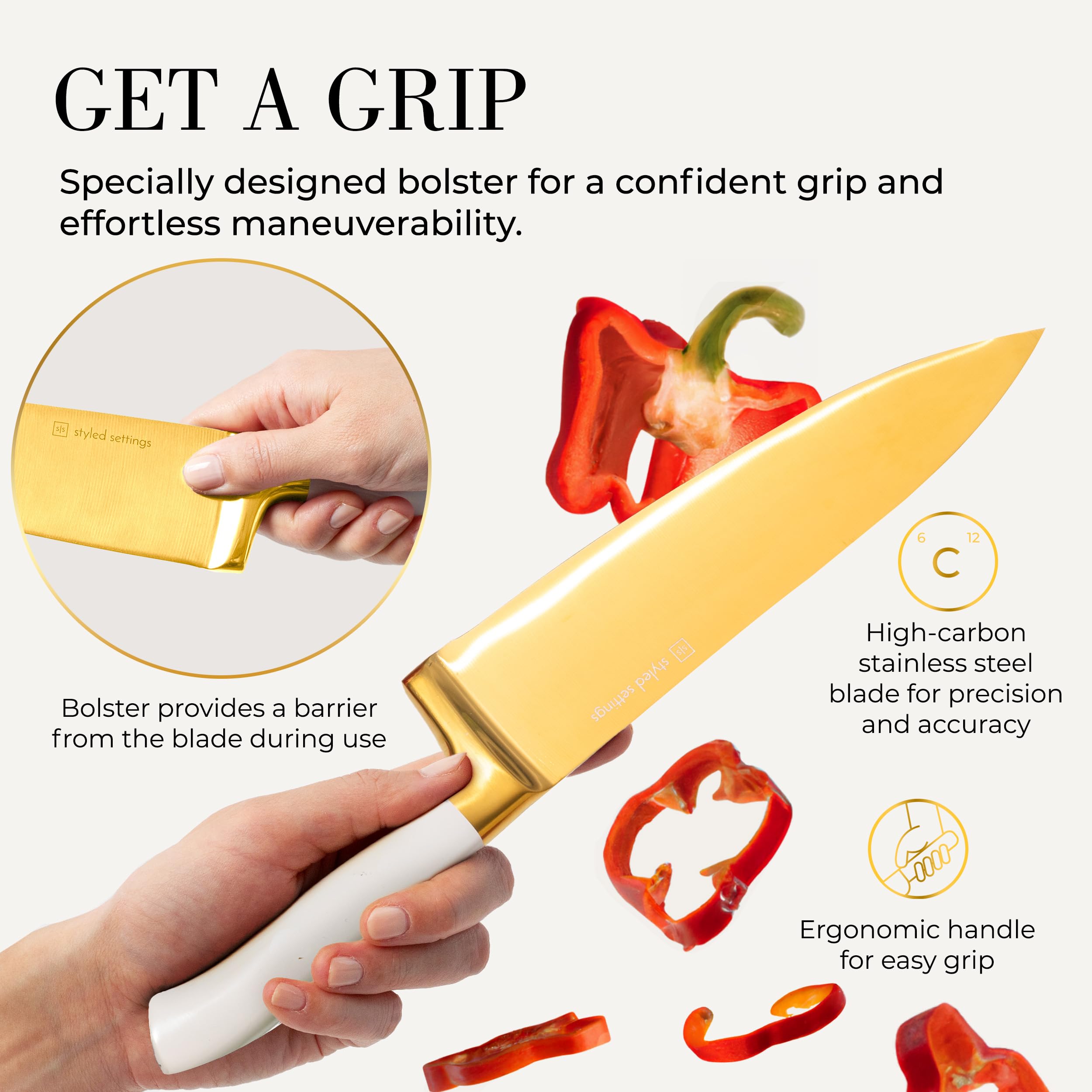 Styled Settings White and Gold Knife Set with Block and Sharpener 14-Piece