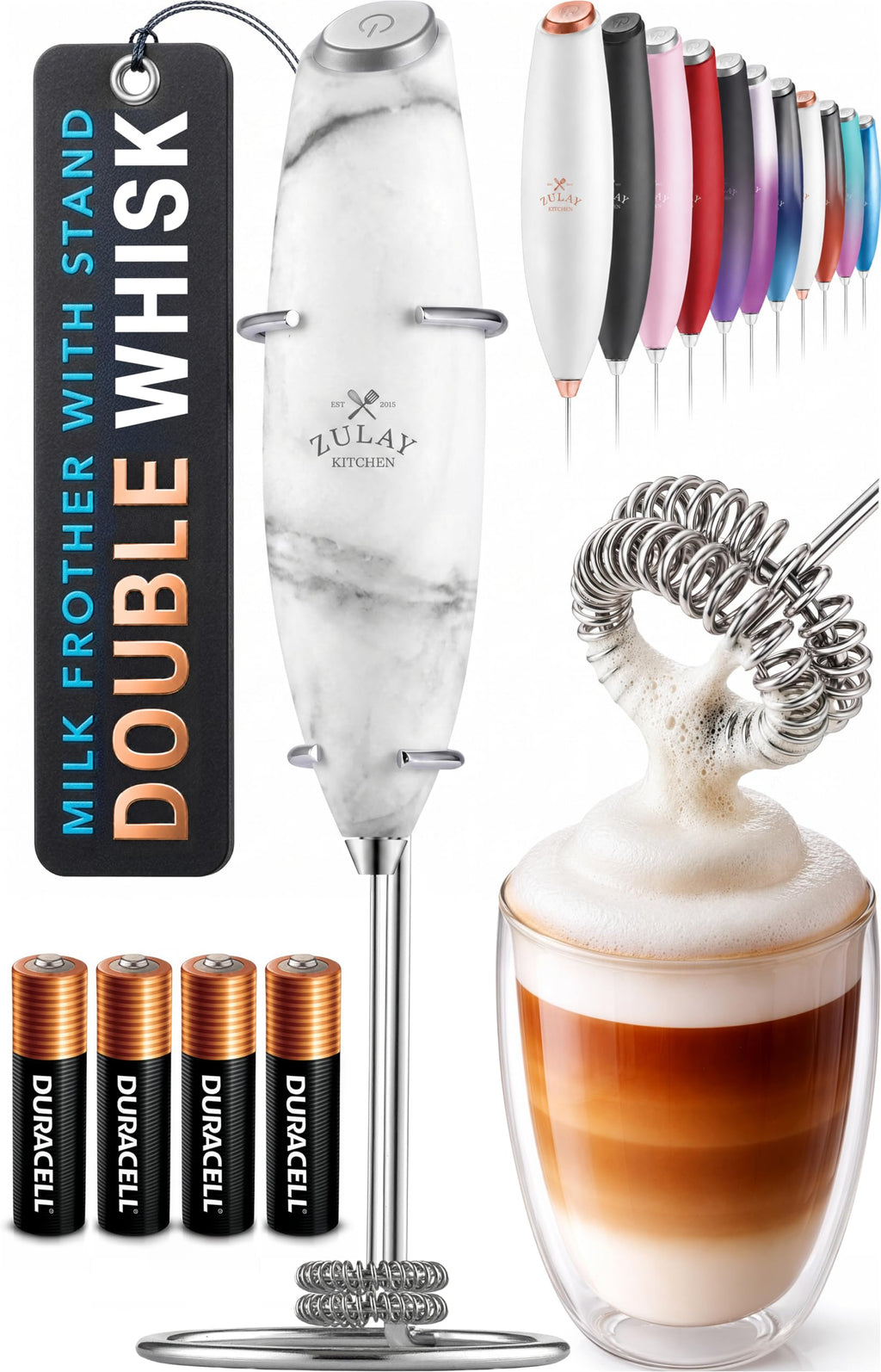 Zulay Kitchen Powerful Milk Frother Wand With Duracell Batteries - Ultra Fast Handheld Drink Mixer - Electric Whisk Foam Maker for Coffee, Lattes, Cappuccino & Matcha - Z1 Motor - Aqua
