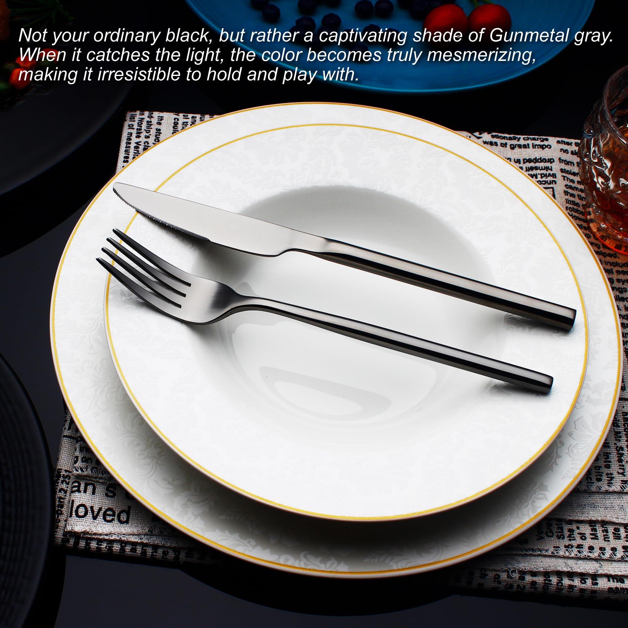 CHAAMFORGE 24 Piece Silverware Set For 6 Black Heavy duty 18/10 Stainless Steel Flatware Set Modern Design Knife/Fork/Spoon Mirror Polished Dishwasher Safe Cutlery Set with Gifts