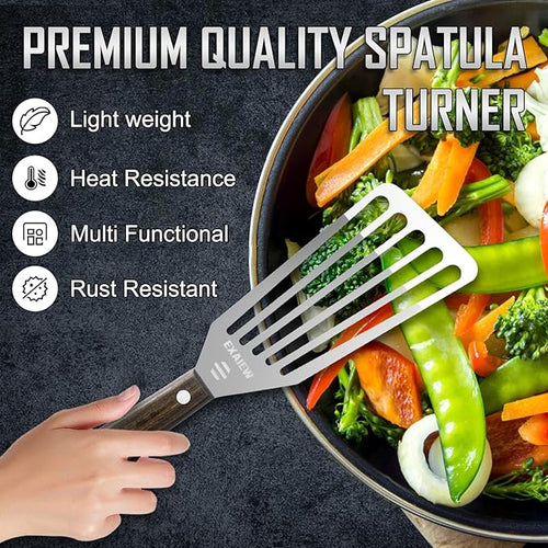 2 Pack Fish Spatula Stainless Steel - Metal Spatula Set, Wooden Handle