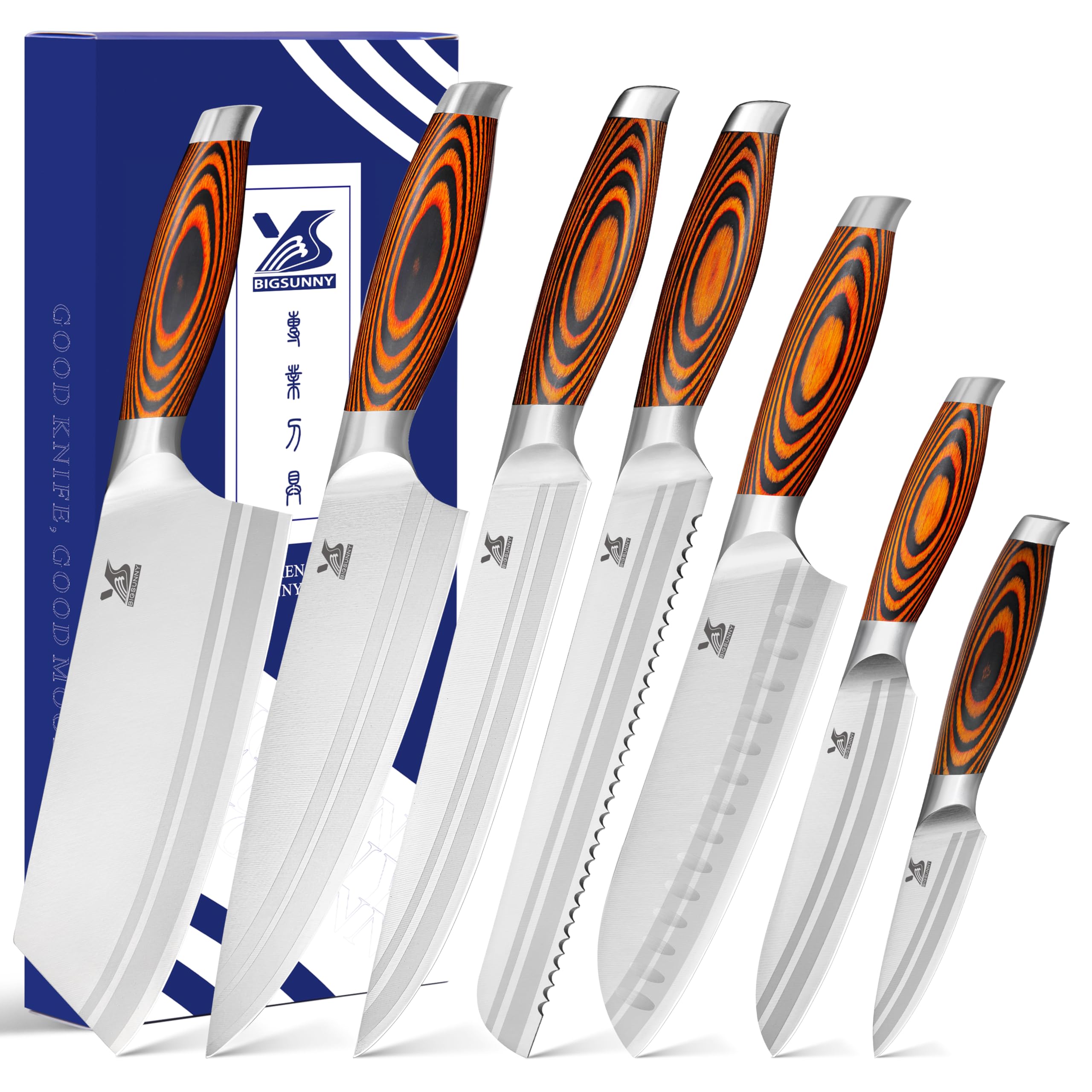 MSY BIGSUNNY 7-PCS Kitchen Knife Set, German Stainless Steel for Chef Knife Set with Pakkawood Handle, Perfect Cutlery Set Gift