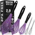 Walfos Whisk, Silicone Whisks Set of 5, Mini Stainless Steel Whisk 7+5in & Non Scratch Coated 7+9+11in Whisks, Suitable for Blending, Whisking, Beating, Frothing & Stirring. (Purple)