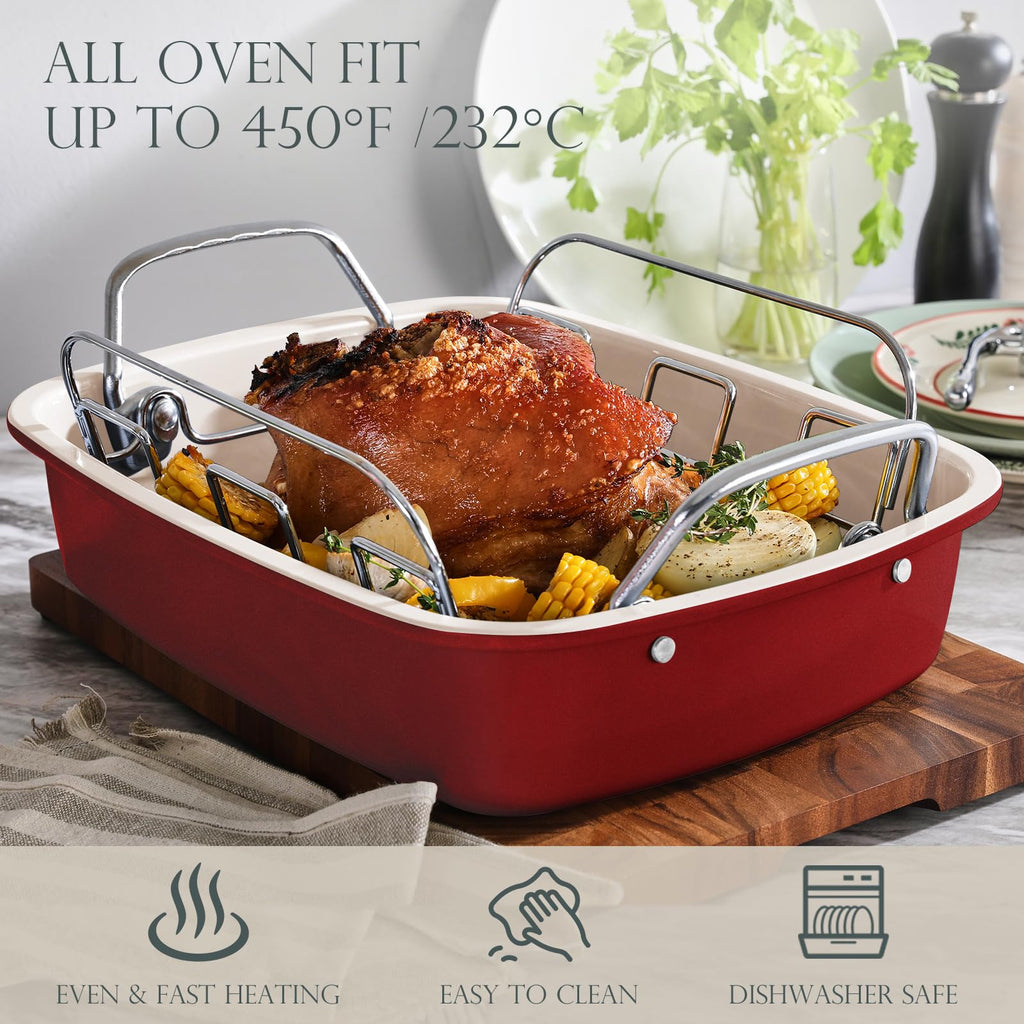KITESSENSU Nonstick Turkey Roasting Pan with Rack 17 x 14 inch - Large Chicken Roaster Pan for Oven - Wider Handles & Heavy Duty Construction - Suitable for 24lb Turkey, Red
