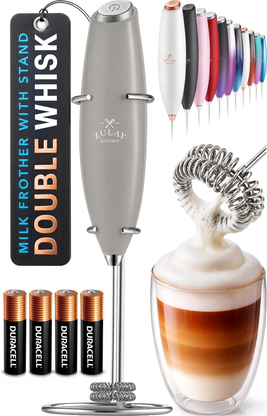 Zulay Kitchen Powerful Milk Frother Wand With Duracell Batteries - Ultra Fast Handheld Drink Mixer - Electric Whisk Foam Maker for Coffee, Lattes, Cappuccino & Matcha - Z1 Motor - Aqua