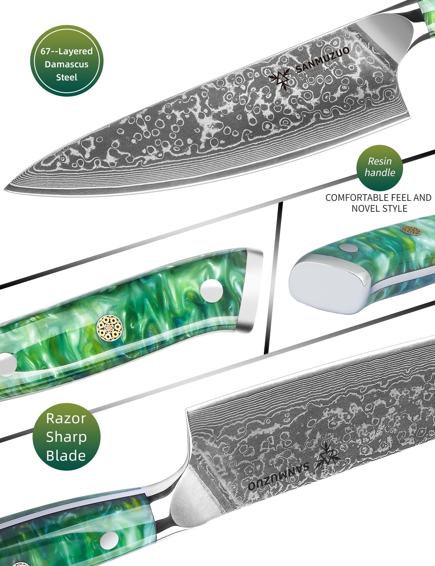 SANMUZUO Chef Cooking Knives Set- Kitchen Knife Set of 5 Piece - Ultra-Sharp VG10 Damascus Steel & Resin Handle - Xuan Series (Jade Green)