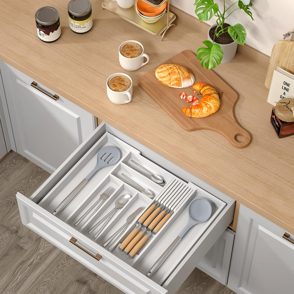 TIOPGHAD Expandable Bamboo Silverware Drawer Organizer Kitchen Tray, White