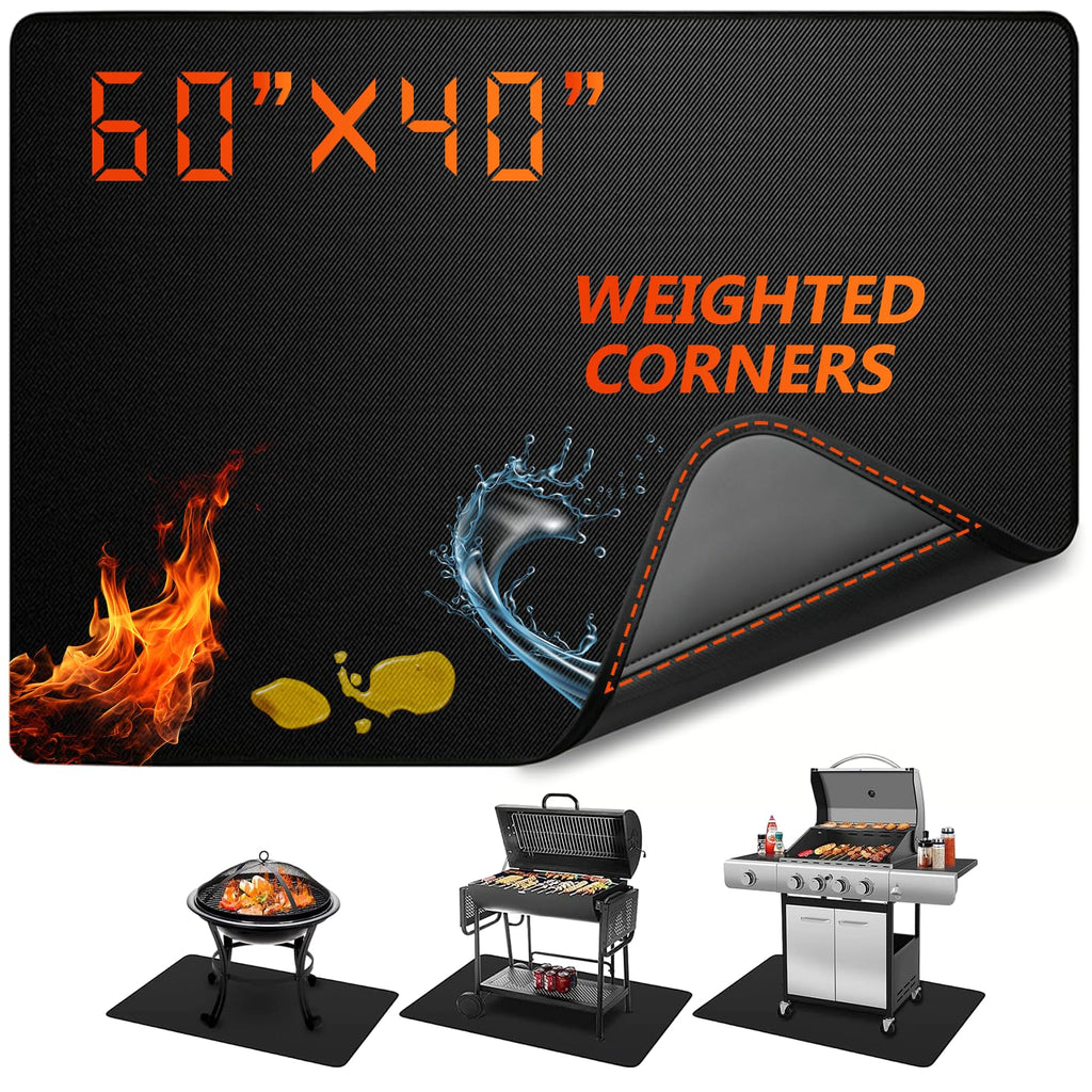 60 x 40 Inch Under Grill Mat for Outdoor Grill with Weighted Corners, Stay-Flat Fireproof BBQ Mat, Waterproof & Oil-Proof Deck & Patio Protector for Gas, Charcoal, Smoker