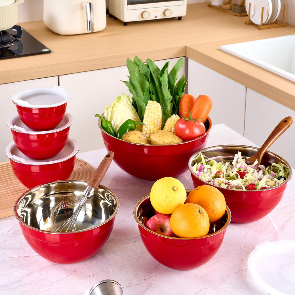 LKTDYMEG Red Mixing Bowls with Lids Set of 7, Stainless Steel Nesting Bowl with Khaki Lid for Non-slip Mixing Prepping Storing Serving, 7 Sizes-7/3.6/2.7/2.1/1.5/1/0.8 QT