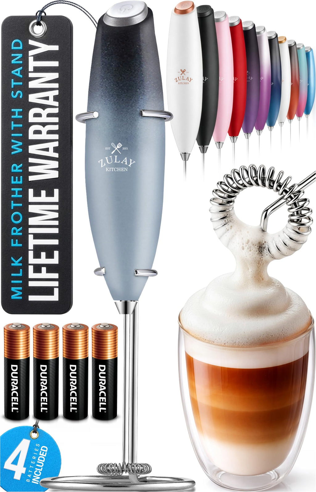Zulay Kitchen Powerful Milk Frother Wand With Duracell Batteries - Ultra Fast Handheld Drink Mixer - Electric Whisk Foam Maker for Coffee, Lattes, Cappuccino & Matcha - Z1 Motor - Storm Blend