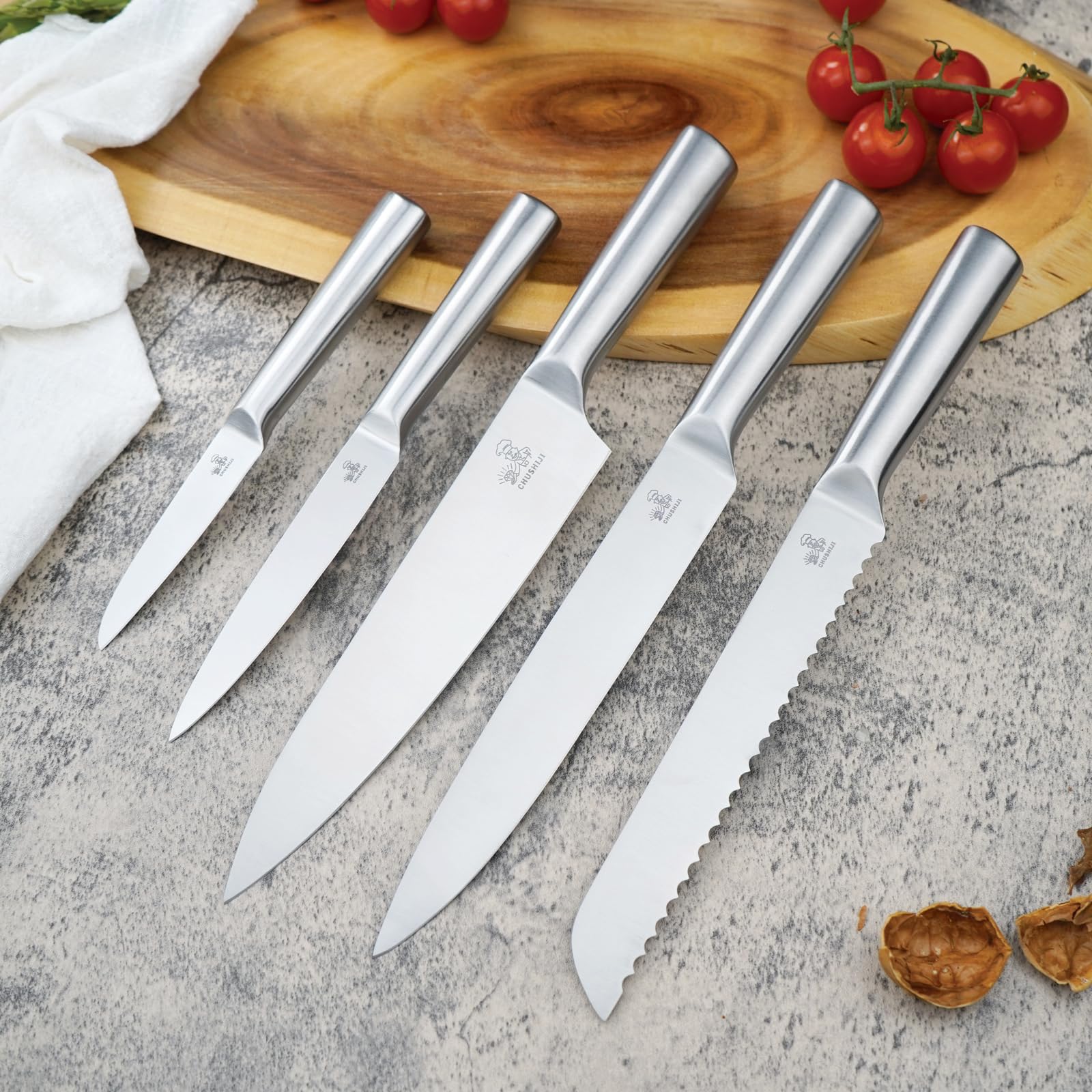 CHUSHIJI 6-Piece Small Stainless Steel Knife Set with Block, High Carbon Steel, Dishwasher Safe Gift