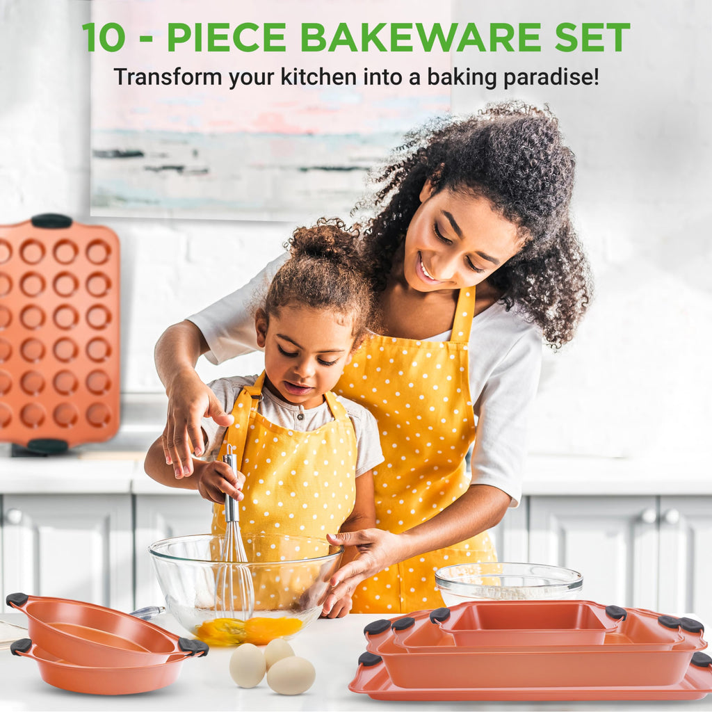 NutriChef 10-Piece Nonstick Baking Pans Set – Bakeware Sets for Cookies, Cakes, & Roasting - Bakeware Includes Cookie Sheet, Muffin Pan, Cake Pan, & Pizza Pans