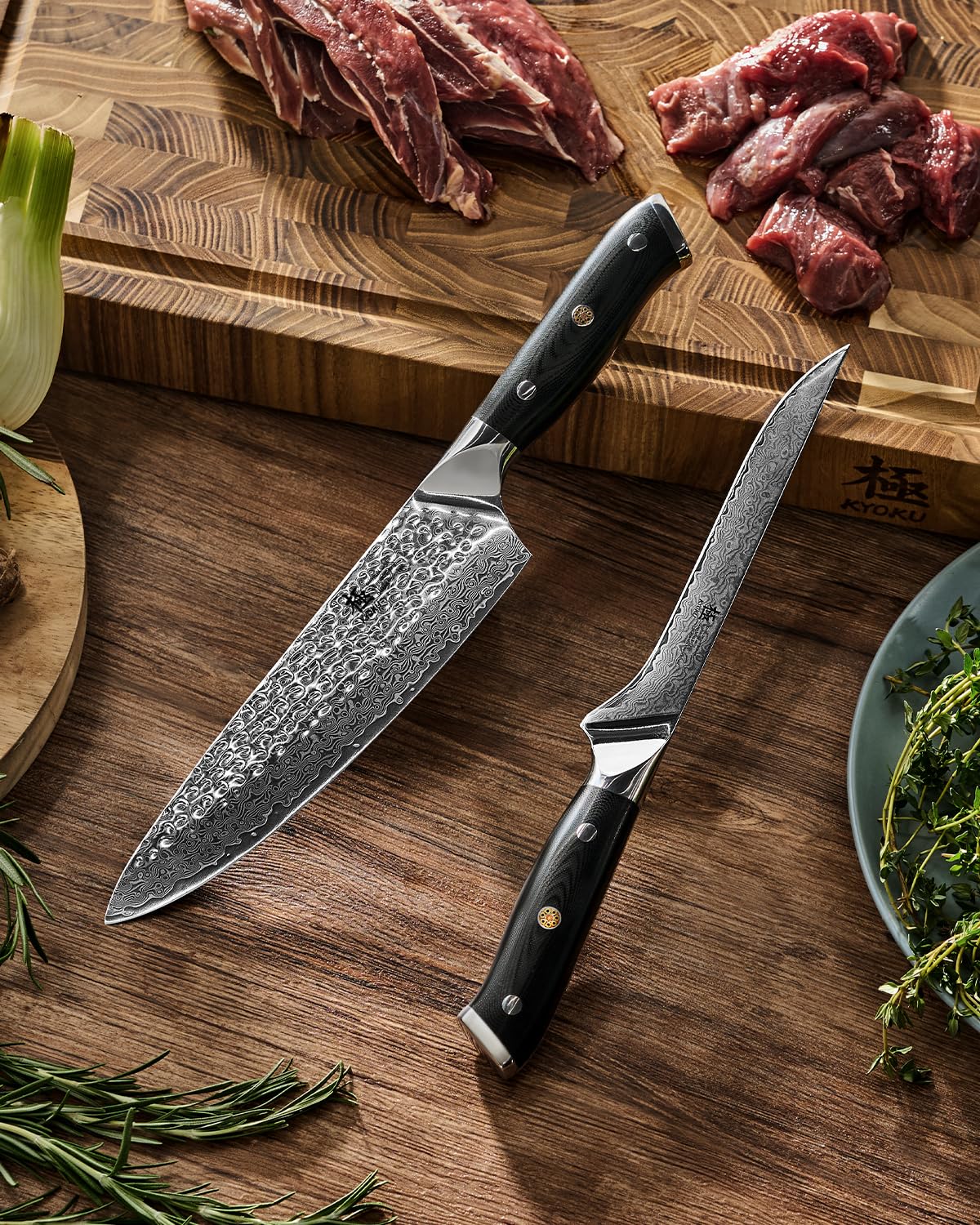 KYOKU Knife Set, Shogun Series 2pc Japanese Style Kitchen Knife Set, 7" Boning 8" Chef Knife with Sheath Gift Box, Professional Sharp Damascus Stainless Steel Knives for Meat Vegetable