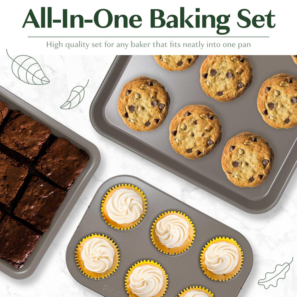 Goodful All-In-One Nonstick Bakeware Set, Stackable and Space Saving Design includes Round and Square Pans, Muffin Pans, Cookie Sheet and Roaster, Dishwasher Safe, 8-Piece, Linen