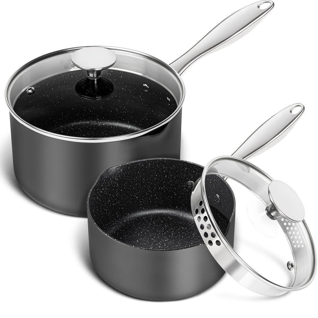 MICHELANGELO Hard Anodized Saucepan Set with Lids, Nonstick Saucepan with Pour Spouts & Strainer Lid for Easy Pour, Granite Derived Coating Sauce Pot Set - 1.5QT & 2QT &3QT Induction Sauce Pans