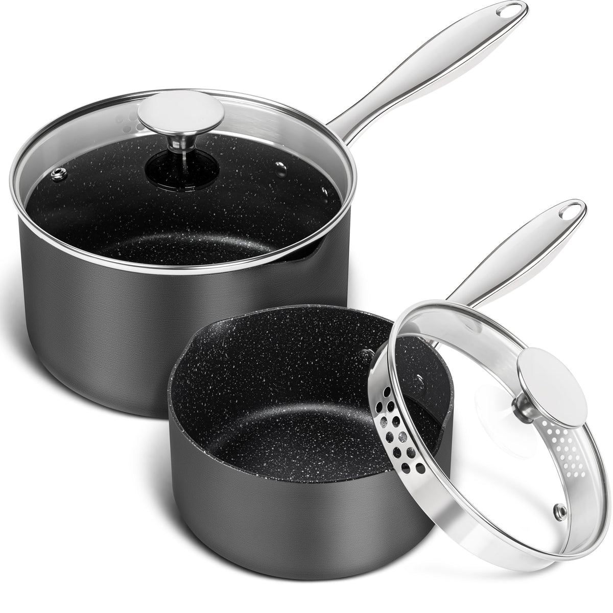 MICHELANGELO Hard Anodized Saucepan Set with Lids, Nonstick Saucepan with Pour Spouts & Strainer Lid for Easy Pour, Granite Derived Coating Sauce Pot Set - 1.5QT & 2QT &3QT Induction Sauce Pans