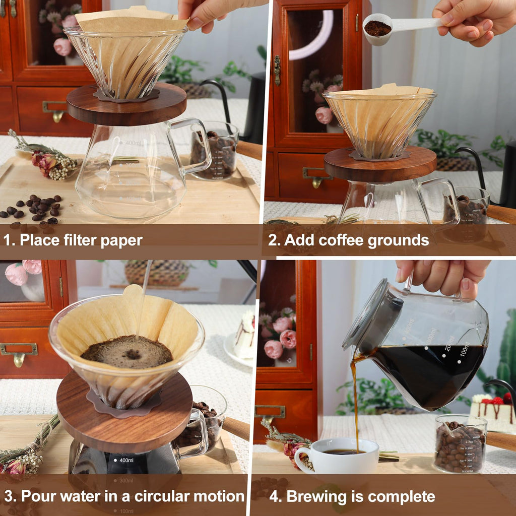 DITOSH Pour Over Coffee Maker 13.5oz Portable Glass Coffee Maker High Borosilicate Glass Eagle Beak Spout Design with 50 Pcs Filter Paper Walnut Wood Base for Pour Over for Daily Brewing 400ml
