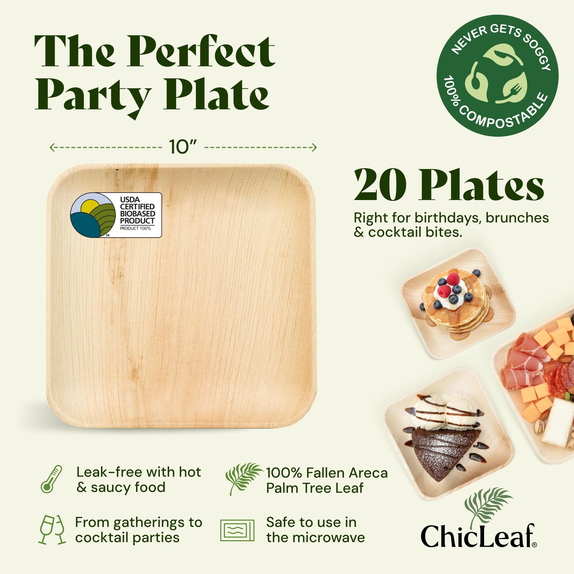 Chic Leaf Palm Leaf Plates - 10 in Square, 20 Pack, Compostable