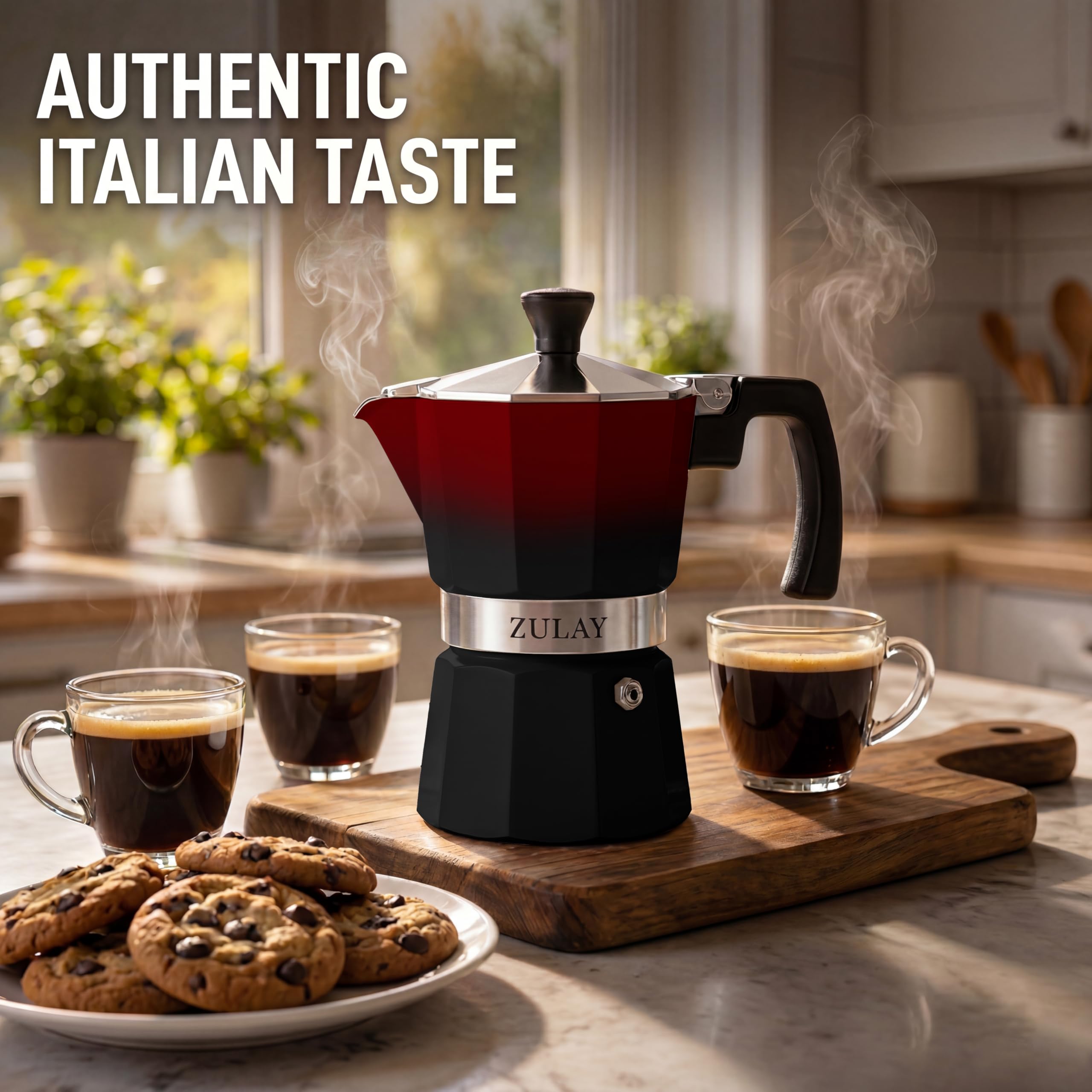 Zulay Kitchen Stovetop Espresso Maker - Moka Pot 3 Espresso Cups - Percolator Coffee Maker for Classic Cuban & Italian Style Espresso - Portable Coffee Maker for Camping & Travel - (Red/Black)