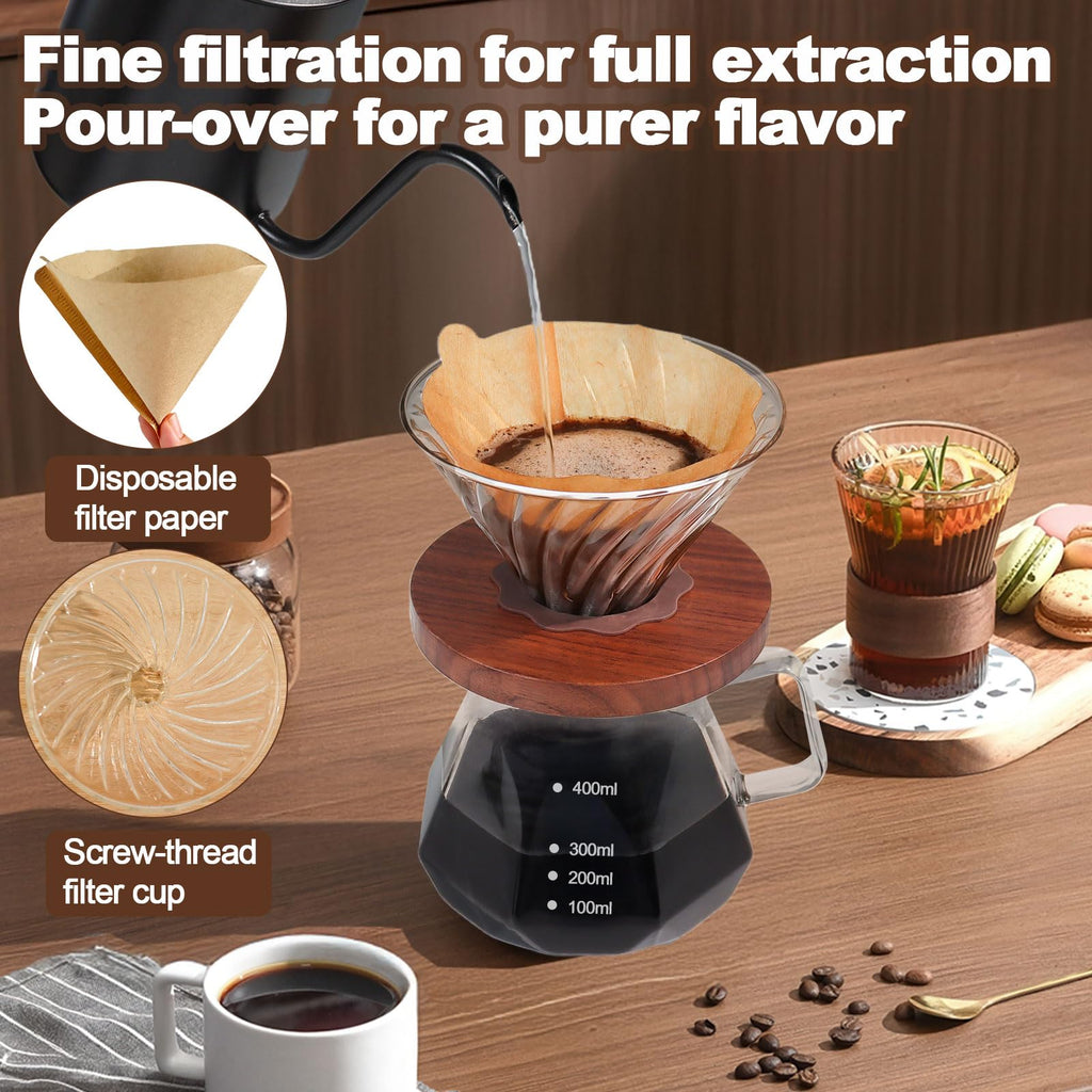 DITOSH Pour Over Coffee Maker 13.5oz Portable Glass Coffee Maker High Borosilicate Glass Eagle Beak Spout Design with 50 Pcs Filter Paper Walnut Wood Base for Pour Over for Daily Brewing 400ml