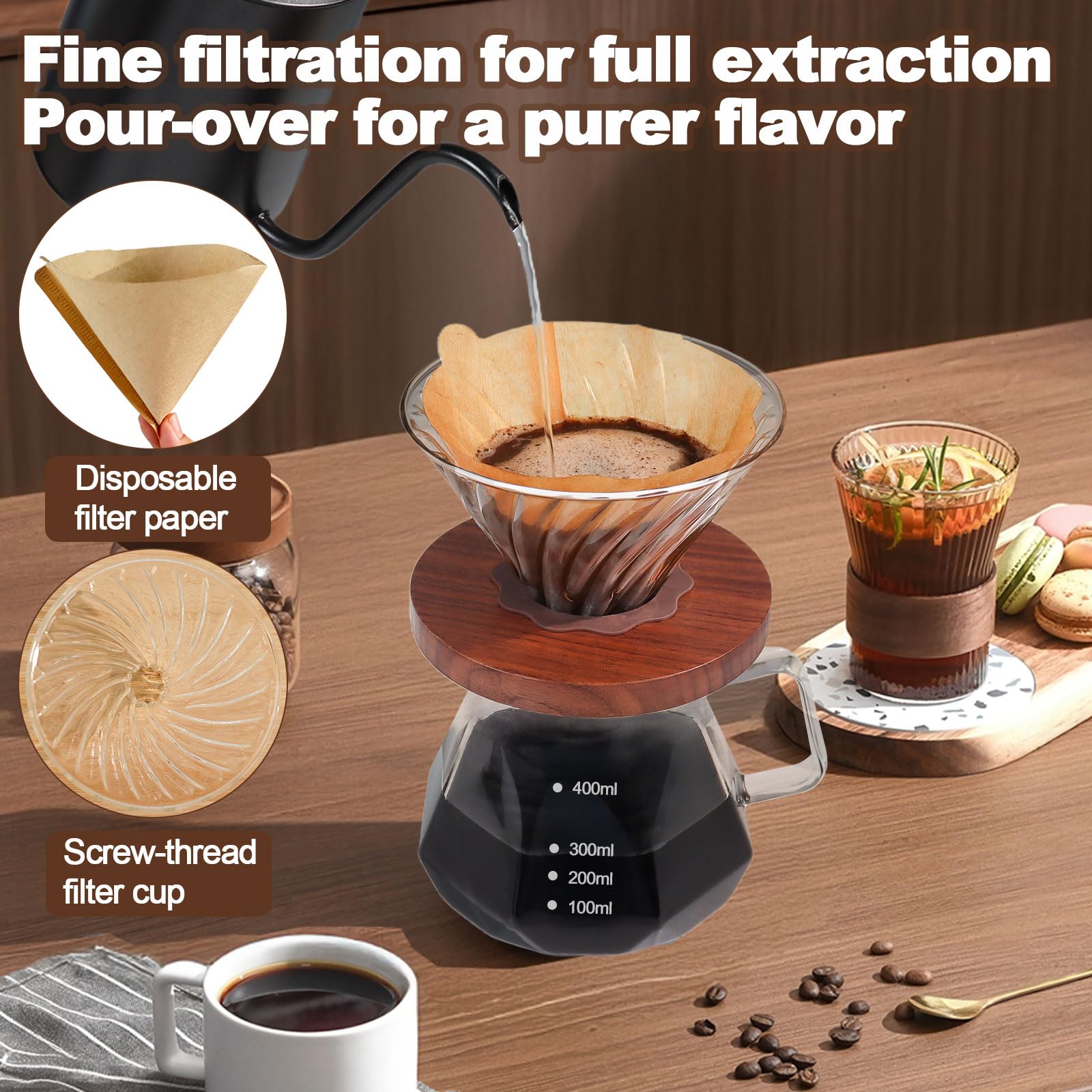 DITOSH Pour Over Coffee Maker 13.5oz Portable Glass Coffee Maker High Borosilicate Glass Eagle Beak Spout Design with 50 Pcs Filter Paper Walnut Wood Base for Pour Over for Daily Brewing 400ml