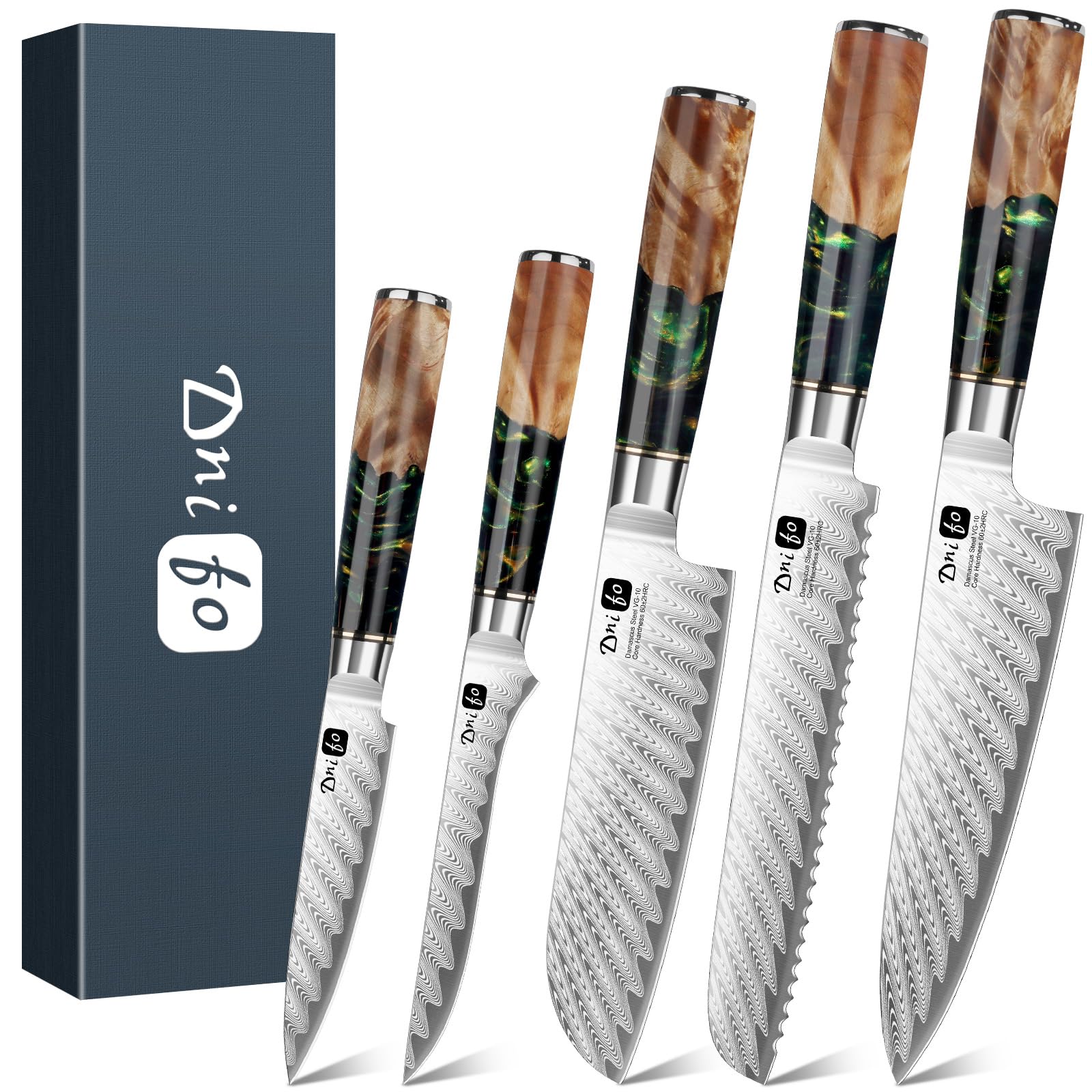 5PCS Damascus Knife Set, 5" Paring, 6" Boning, 7" Santoku, 8" Chef & Bread