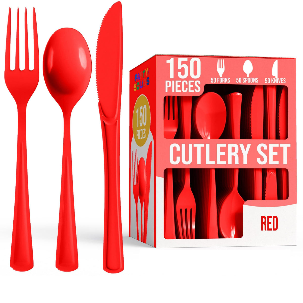 Party Solids Red Plastic Silverware 150 Pcs Red Cutlery Set