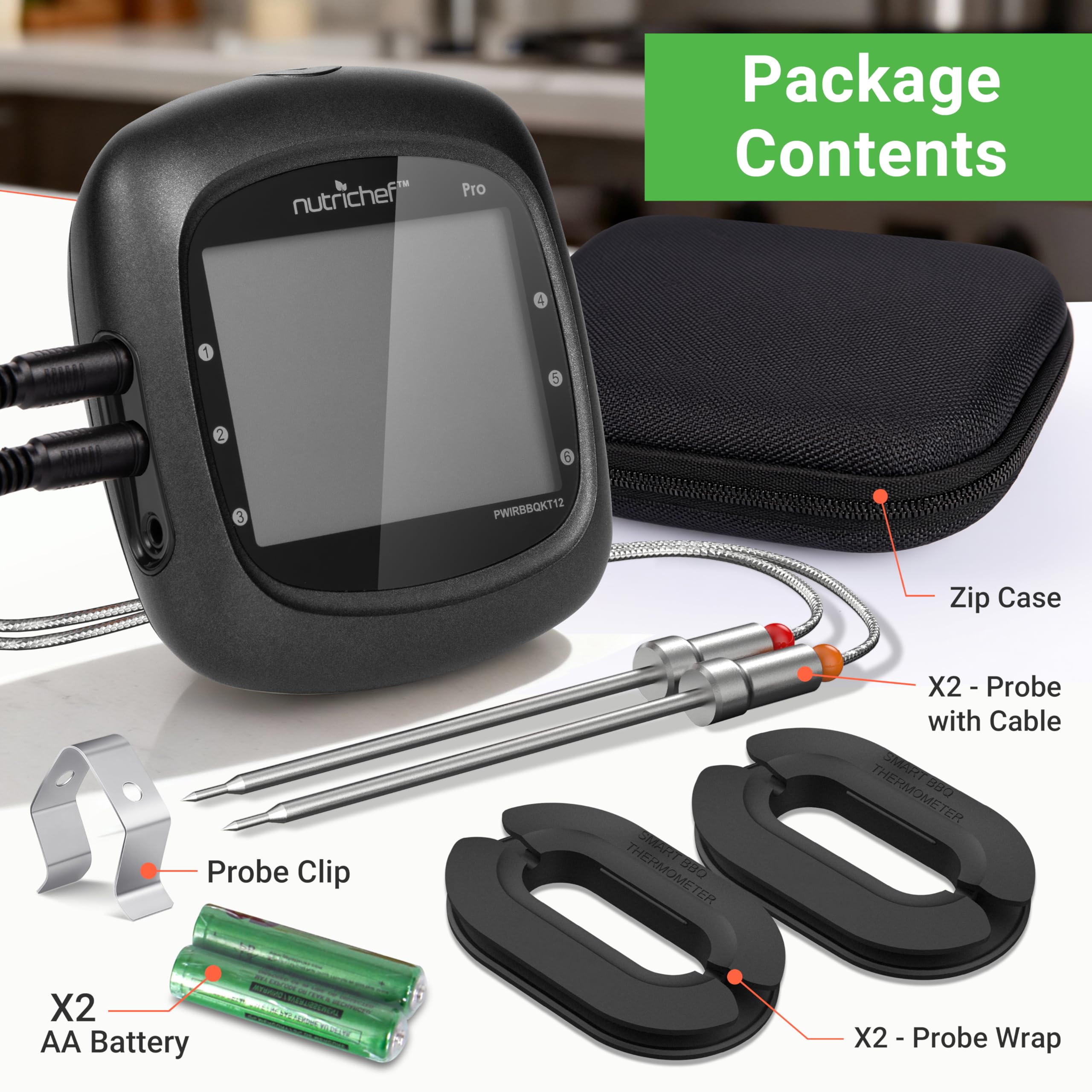 NutriChef Smart Bluetooth BBQ Thermometer with Travel Zip Case, Upgraded Stainless w/ 2 Temperature Probes, LCD Display, Done Alarm Android iPhone, Gas Charcoal BBQ Smoker Temp Monitoring