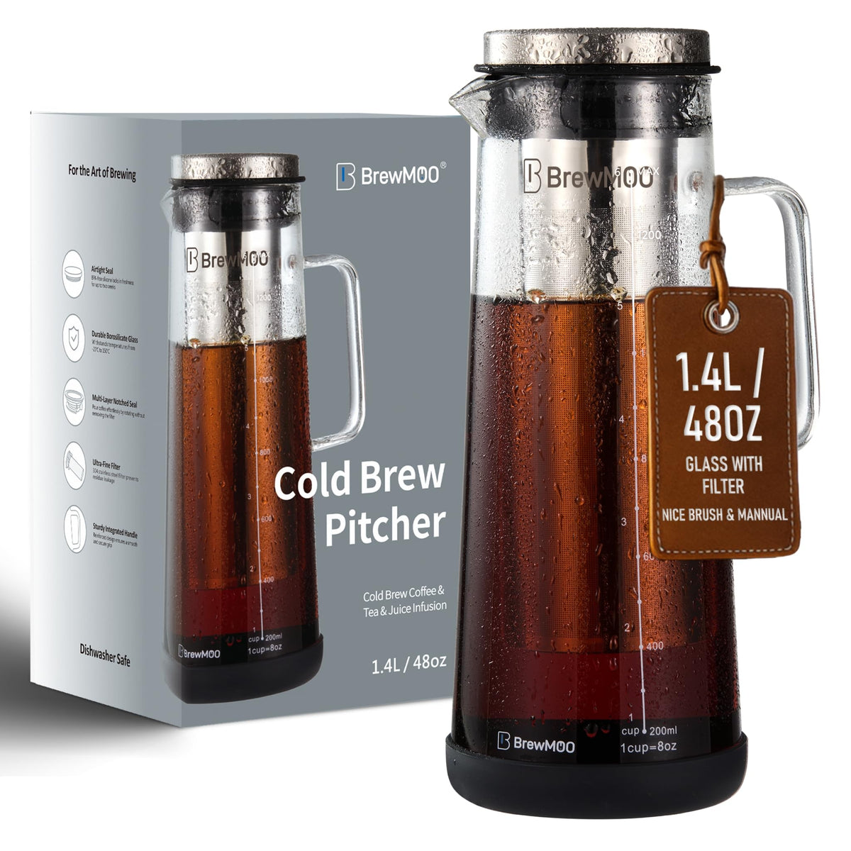 BrewMOO- Airtight Cold Brew Coffee Maker Pitcher, 1.4L/48Oz Thick Glass Carafe with Filter, Comfort Sturdy Handle & Wide Spout, Non-Slip Base | Iced Tea Maker (Black)