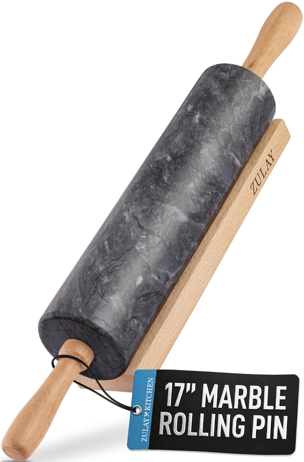 Zulay Kitchen 17-Inch Marble Rolling Pin With Stand - Polished Marble Rolling Pins For Baking With Long Beechwood Handle - Non-stick Roller Pin For Baking Pastries, Bread & Pizza