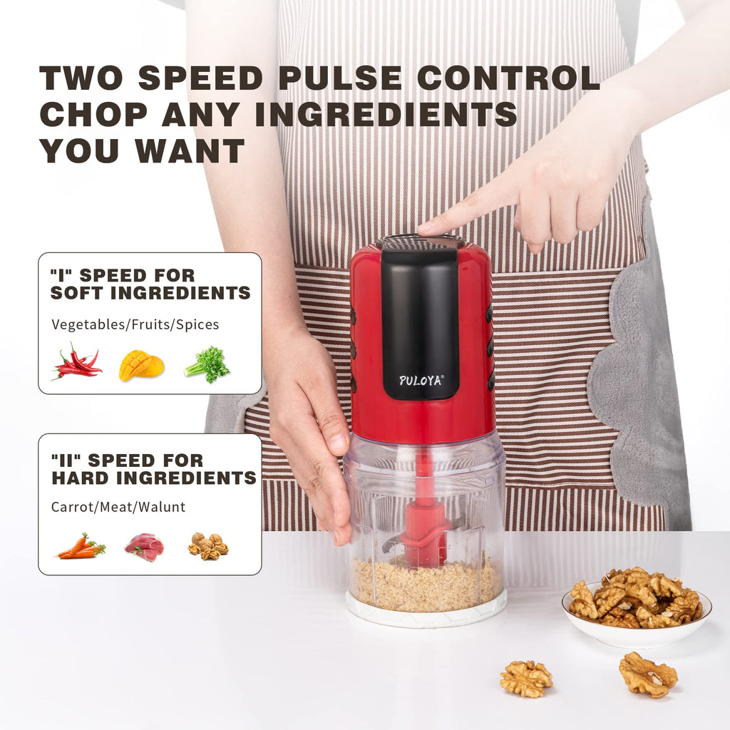 PULOYA Mini Prep Food Processor 2 Cup Small Electric Food Chopper 2 Speed for Vegetables, Meat, Fruits and Nuts with 4 Stainless Steel Blades, 400-Watt, Red
