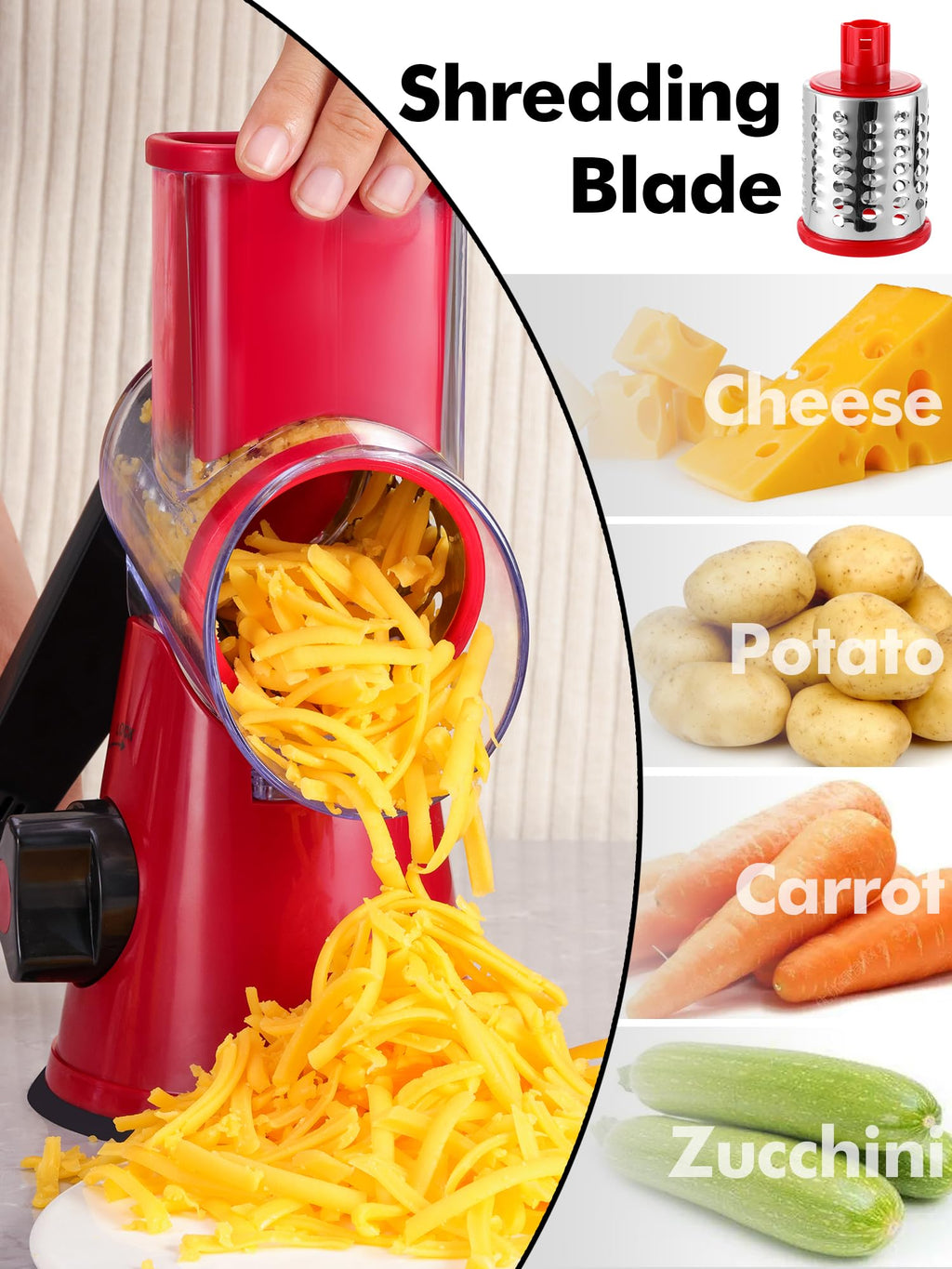 LucGee Rotary Cheese Grater with Handle - 3 in 1 Cheese Shredder Rotary Grater Stainless Steel Handheld, Vegetable Slicer for Fruit, Cheese, Nuts(Red)