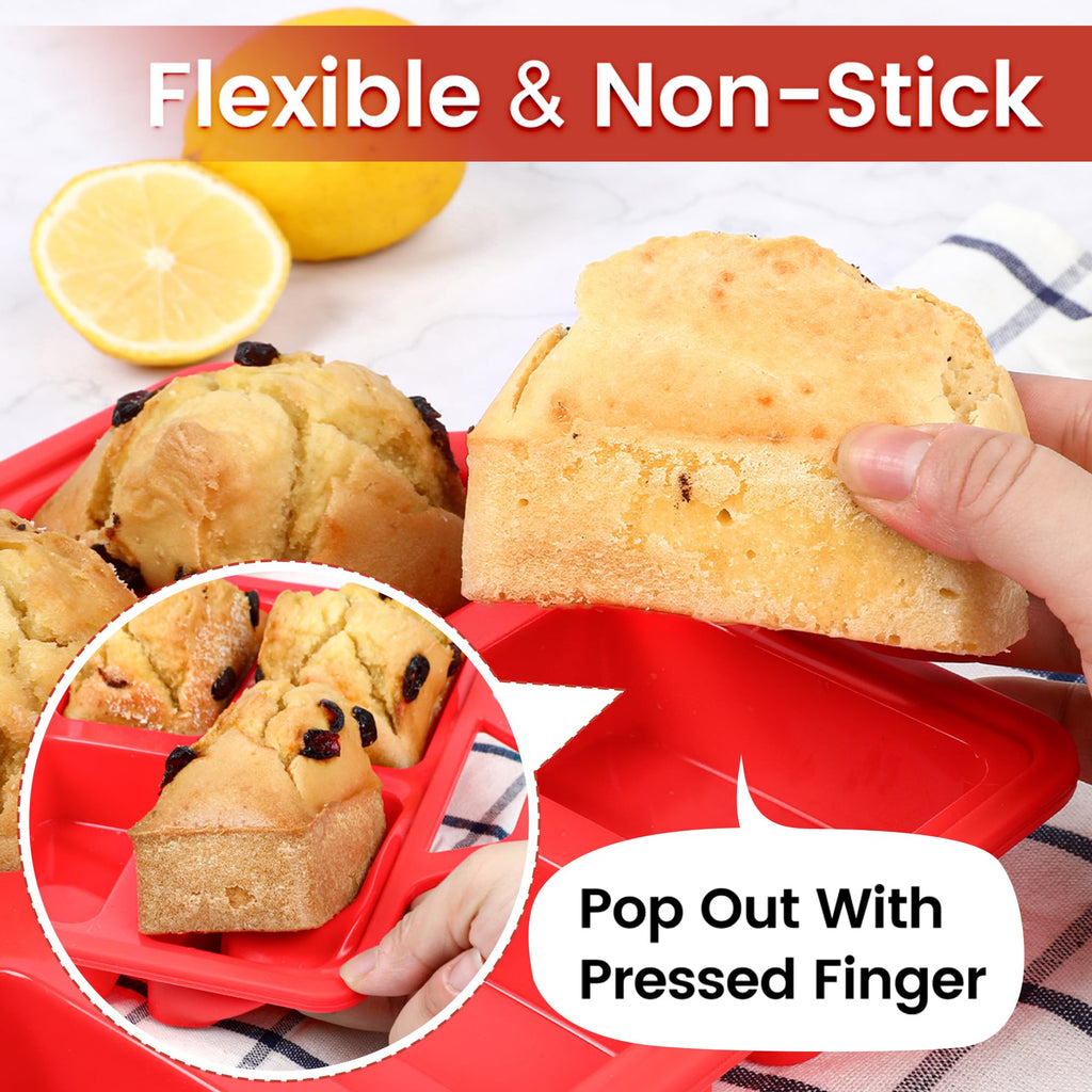 Mini Loaf Pans, Metal Reinforced Frame Silicone Mini Bread Loaf Pans 8 Cavities Nonstick for Baking Cornbread, Bread, Small Loaf, Brownie, Cheesecake, Chocolate 2 Pack Red