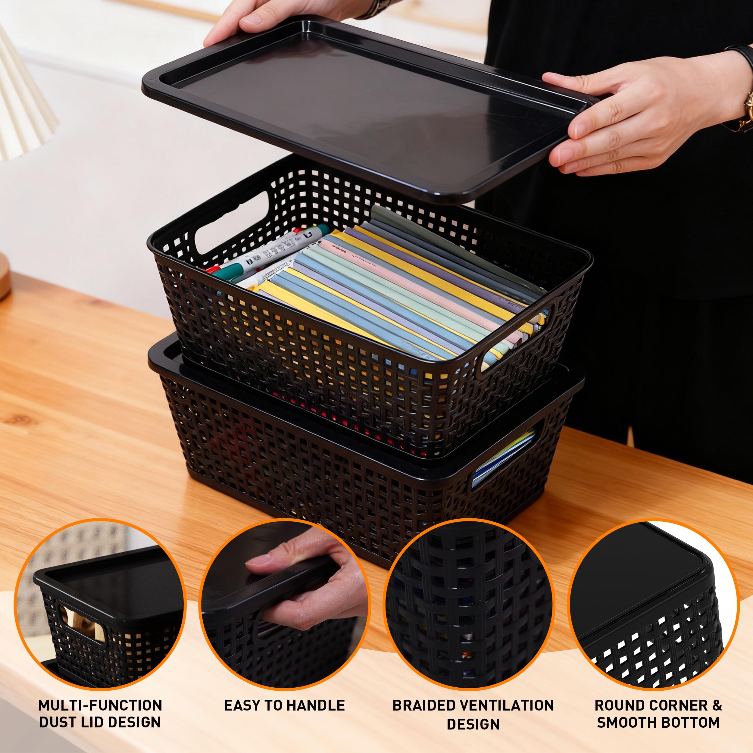 Anywish Plastic Storage Baskets With Lid, Storage Bins for Organizing, Stackable Decorative Containers for Shelves Drawers Desktop Closet Playroom Classroom Office, 8 Pack-Black