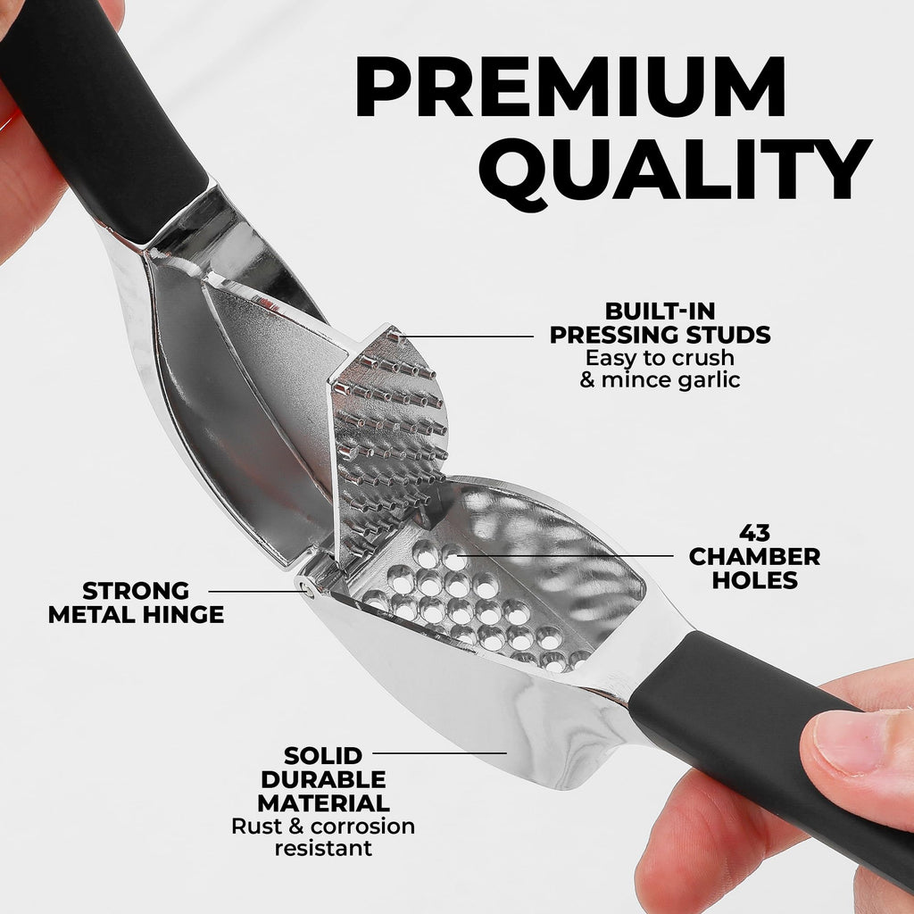 Zulay Kitchen Comfort Grip Garlic Press - Garlic Mincer Tool - Garlic Crusher - Garlic Press Mincer Rust Proof, with Soft Ergonomic Handle, Easy Clean Set with Peeler and Brush