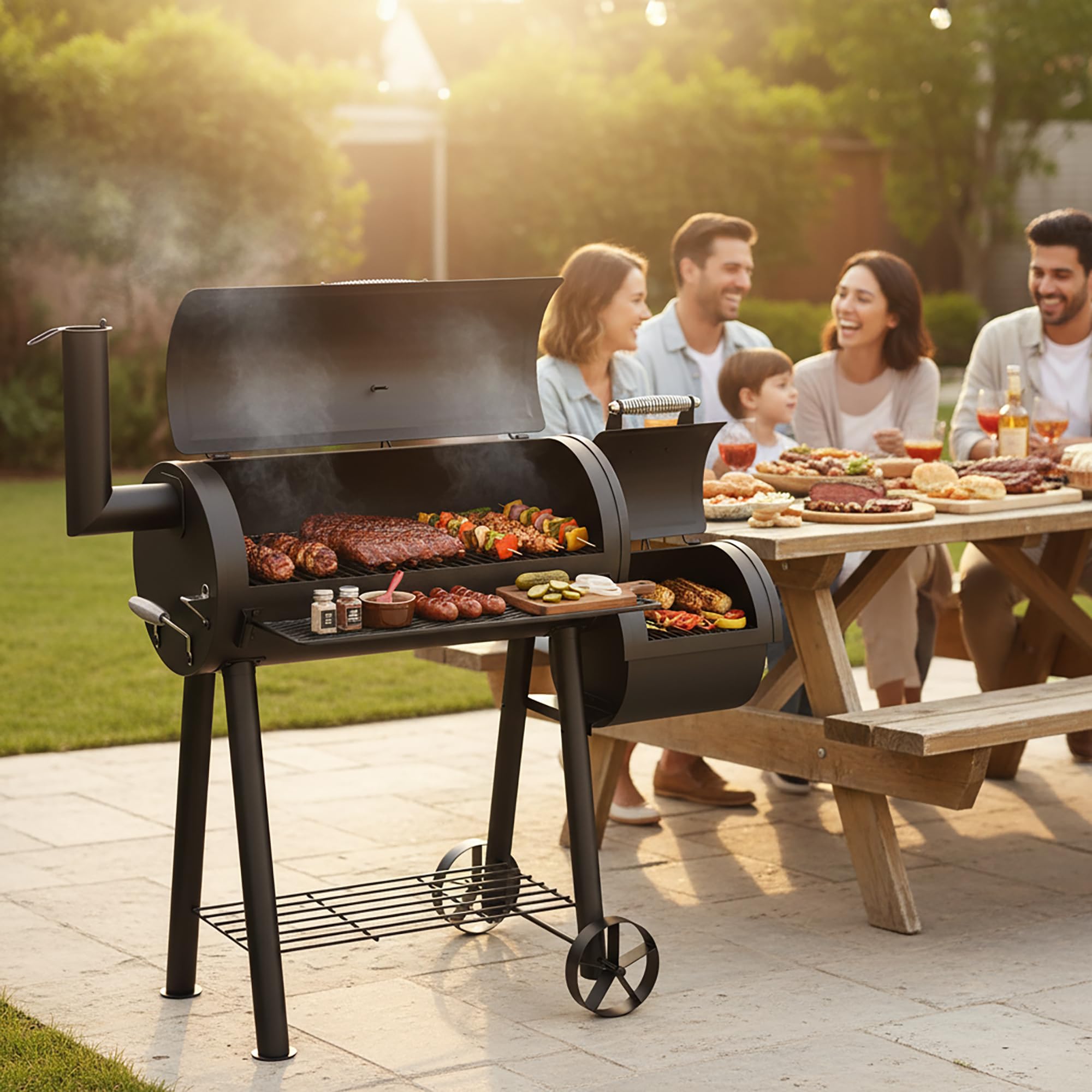 MFSTUDIO Heavy Duty Charcoal Wood Offset Outdoor Smoker Grill, Charcoal Grill with Smoker Combo for BBQ Grilling, 512 SQ.IN.