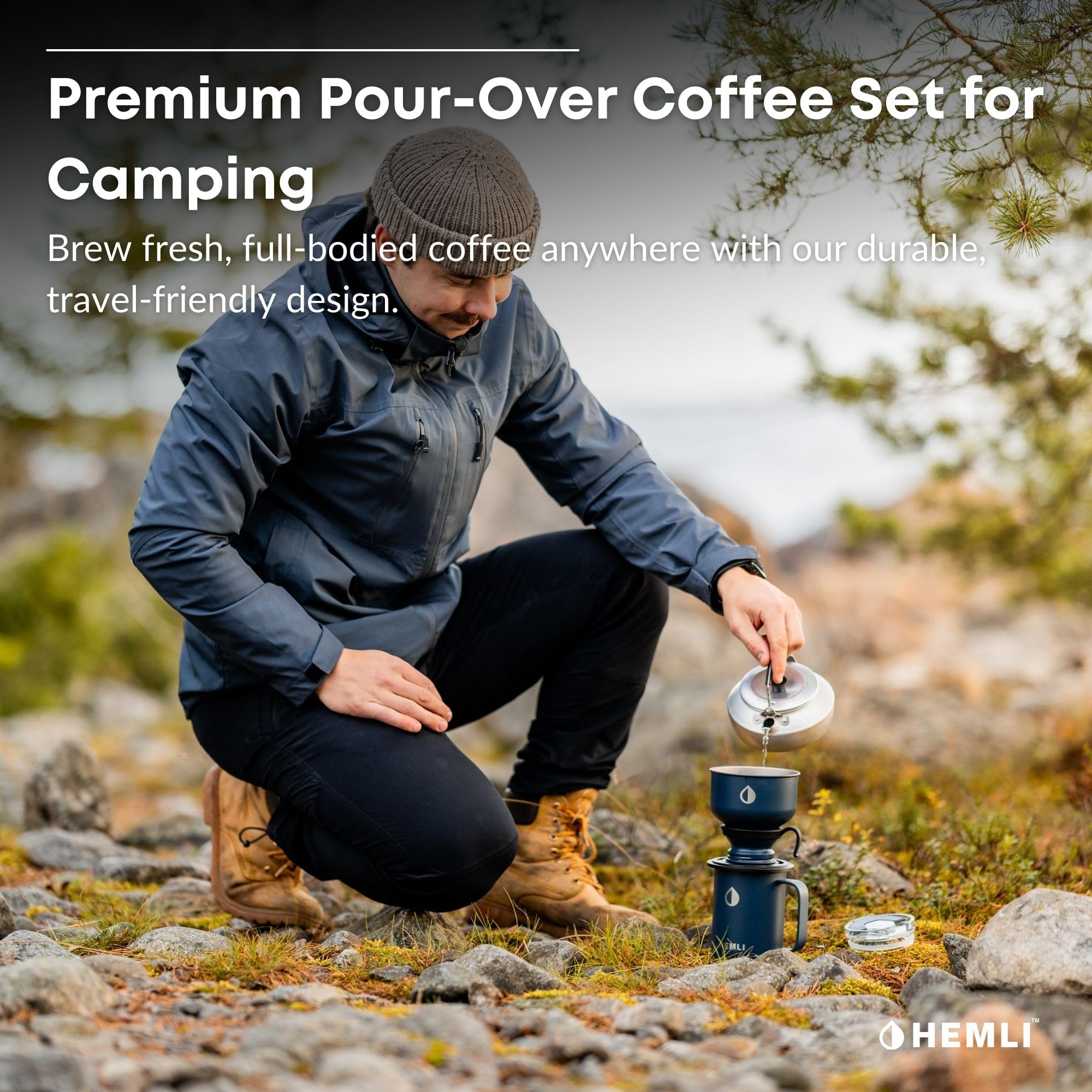 Hemli 16 oz Pour Over Camp Coffee Maker Set– Vacuum Insulated Mug with Leakproof Lid, Stainless Steel Micro Filter, Portable Coffee Maker for Camping, Travel & Outdoor Adventures